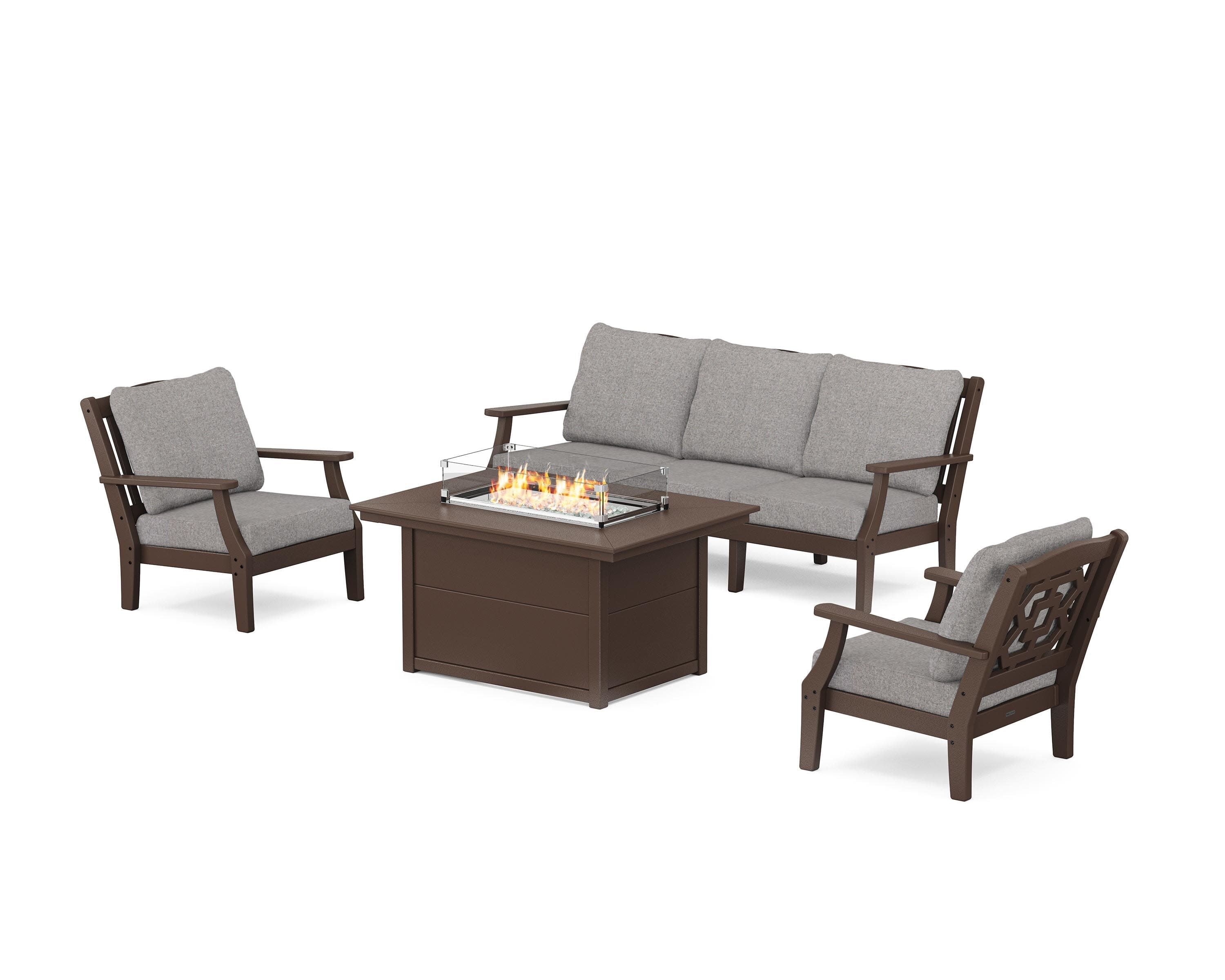 Chinoiserie Deep Seating Fire Pit Table Set in Mahogany / Grey Mist