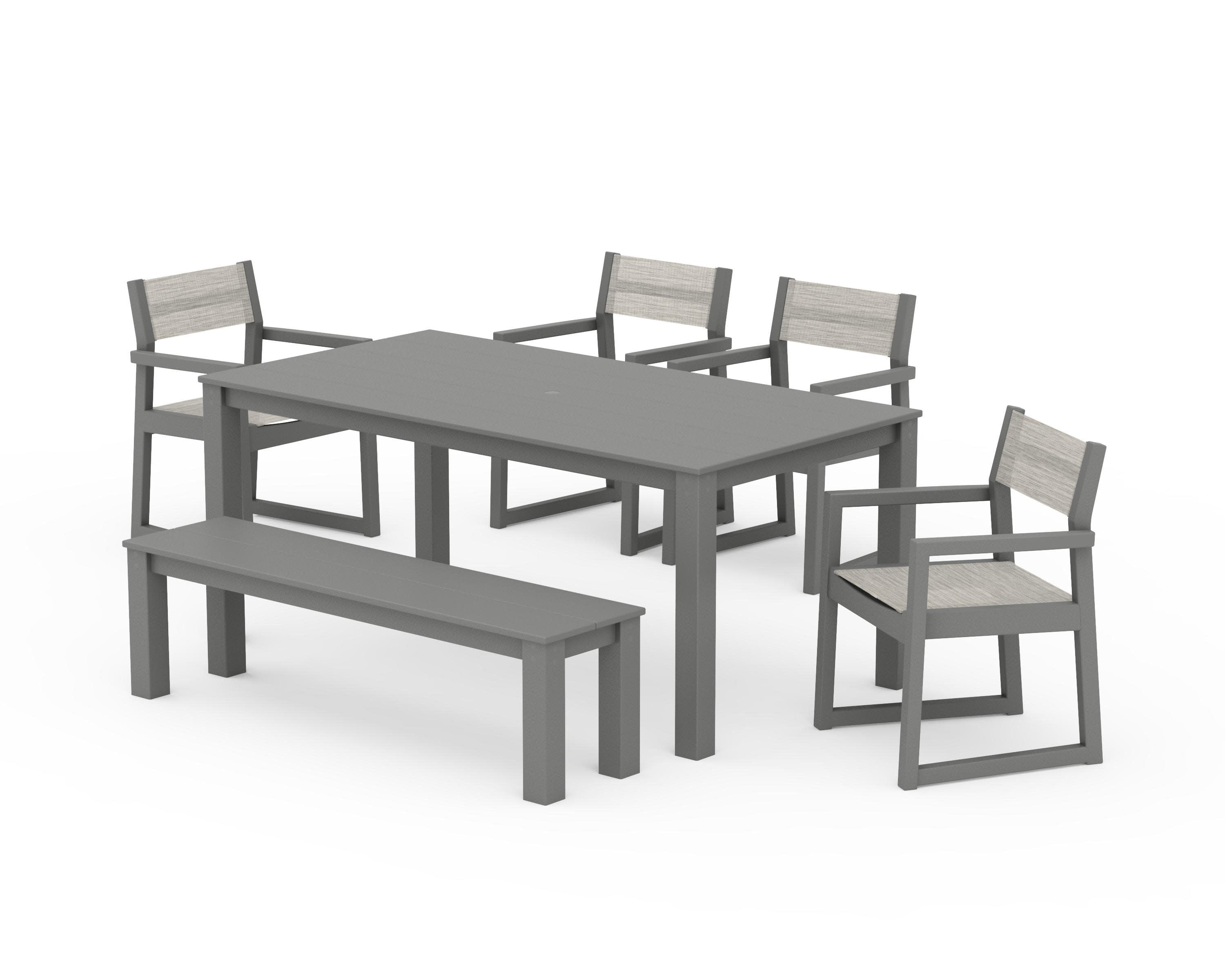 EDGE Sling Arm Chair 6-Piece Parsons Dining Set with Bench in Slate Grey / Birch Sling