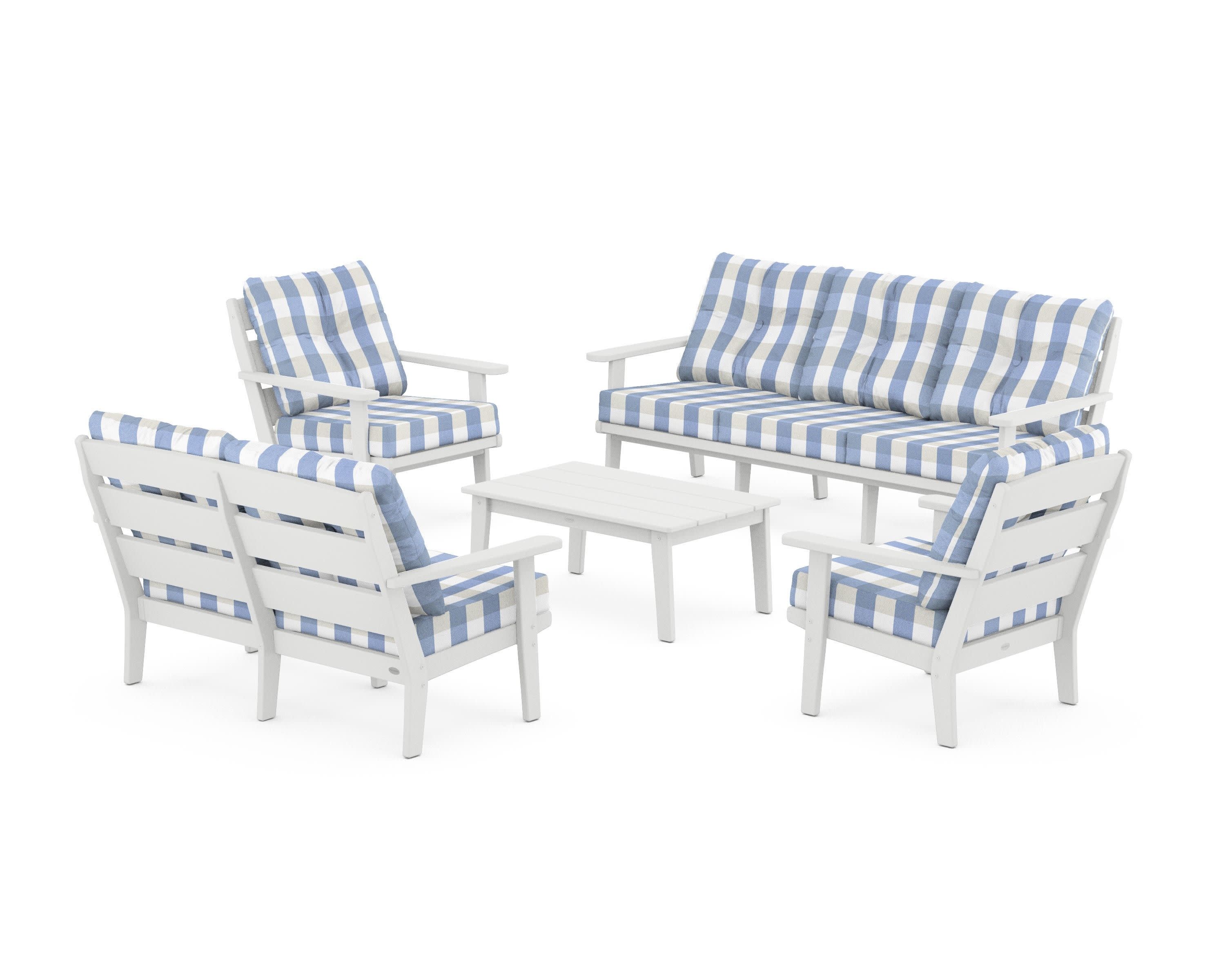 Lakeside 5-Piece Lounge Sofa Set in White / Buffalo Plaid Sky Blue