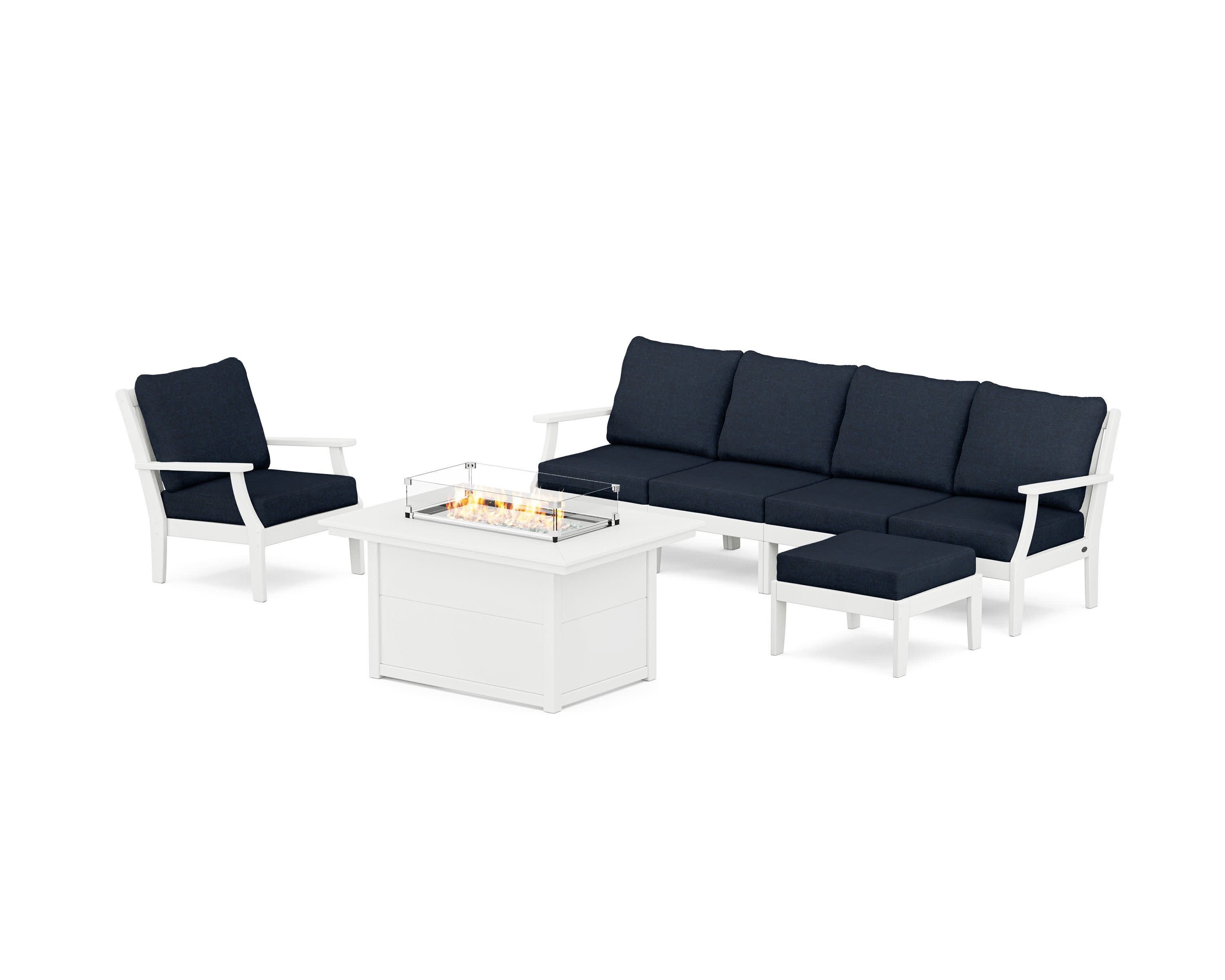 Braxton Sectional Lounge and Fire Pit Set in White / Marine Indigo