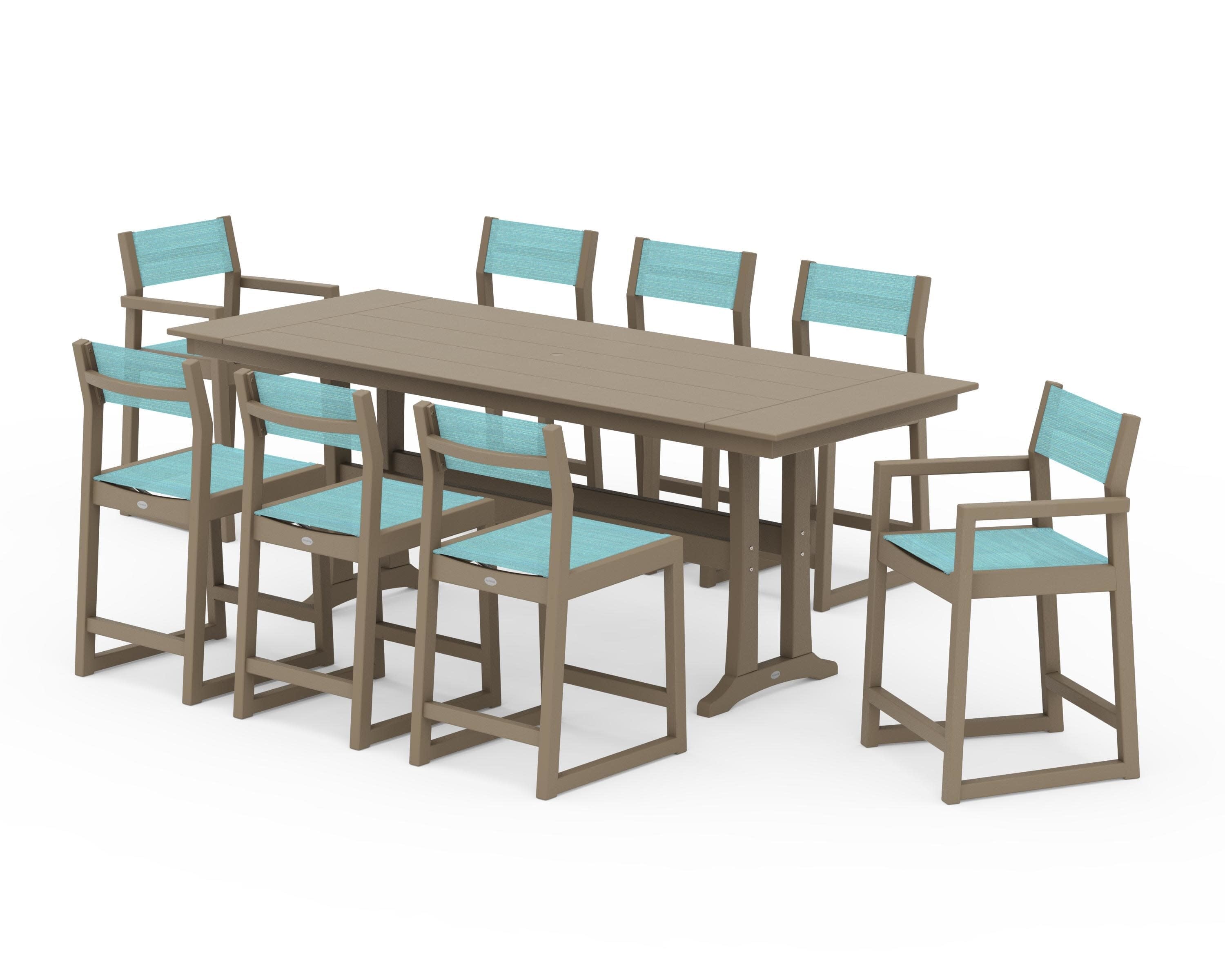 EDGE Sling 9-Piece Farmhouse Counter Set with Trestle Legs in Vintage Sahara / Dupioni Aquamarine Sling