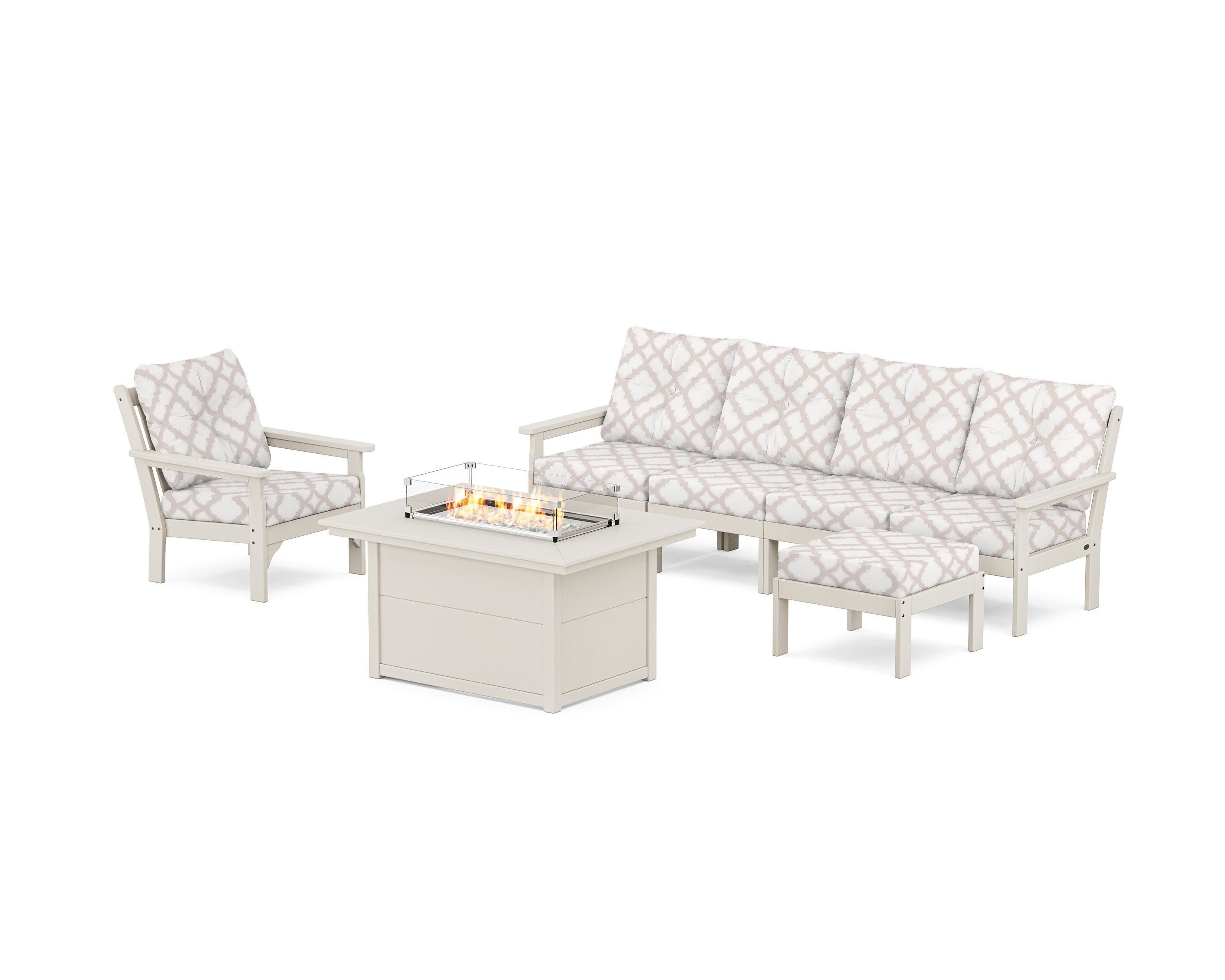 Vineyard Sectional Lounge and Fire Pit Set in Sand / Trellis Dune Burlap