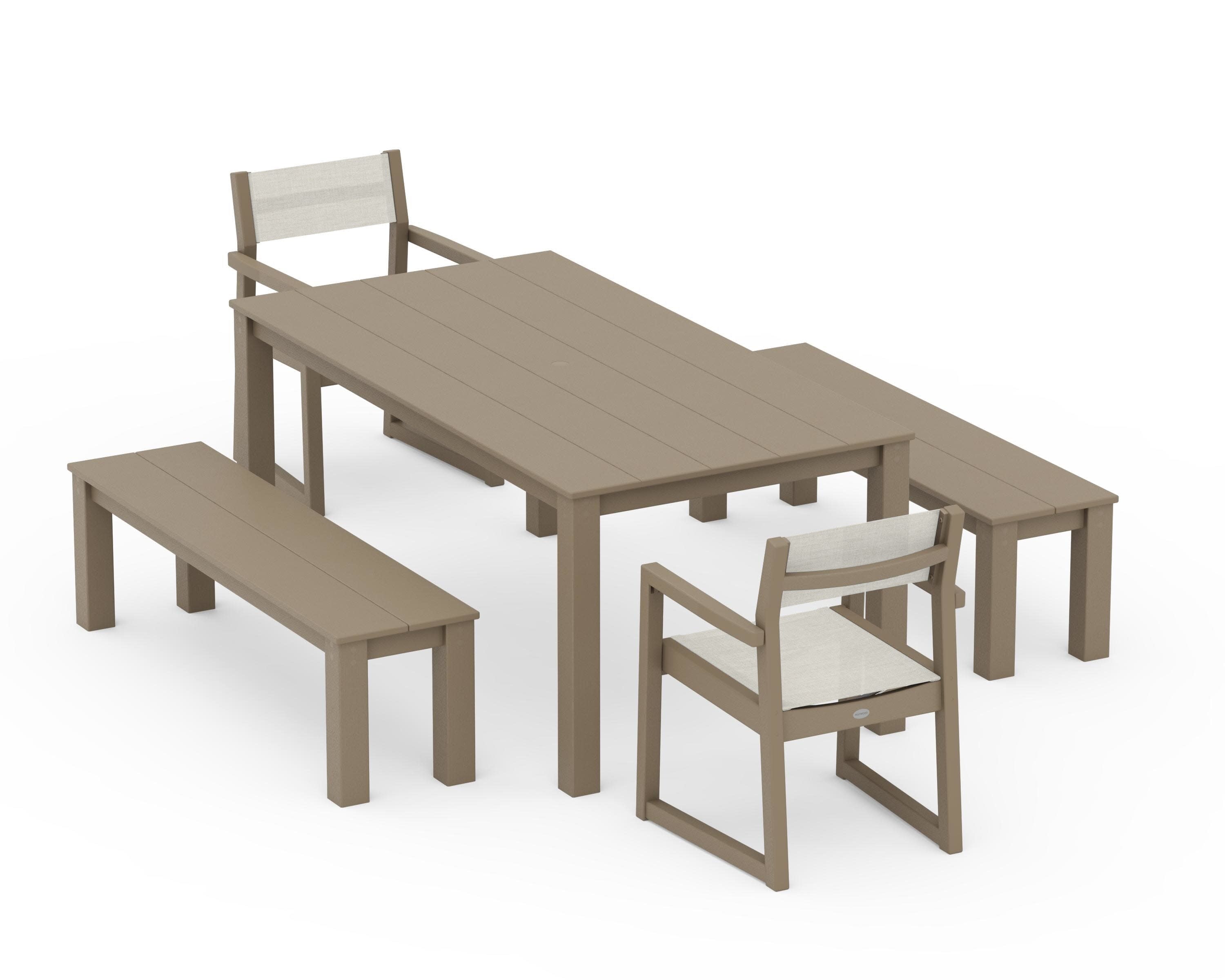 EDGE Sling Arm Chair 5-Piece Parsons Dining Set with Benches in Vintage Sahara / Parchment Sling