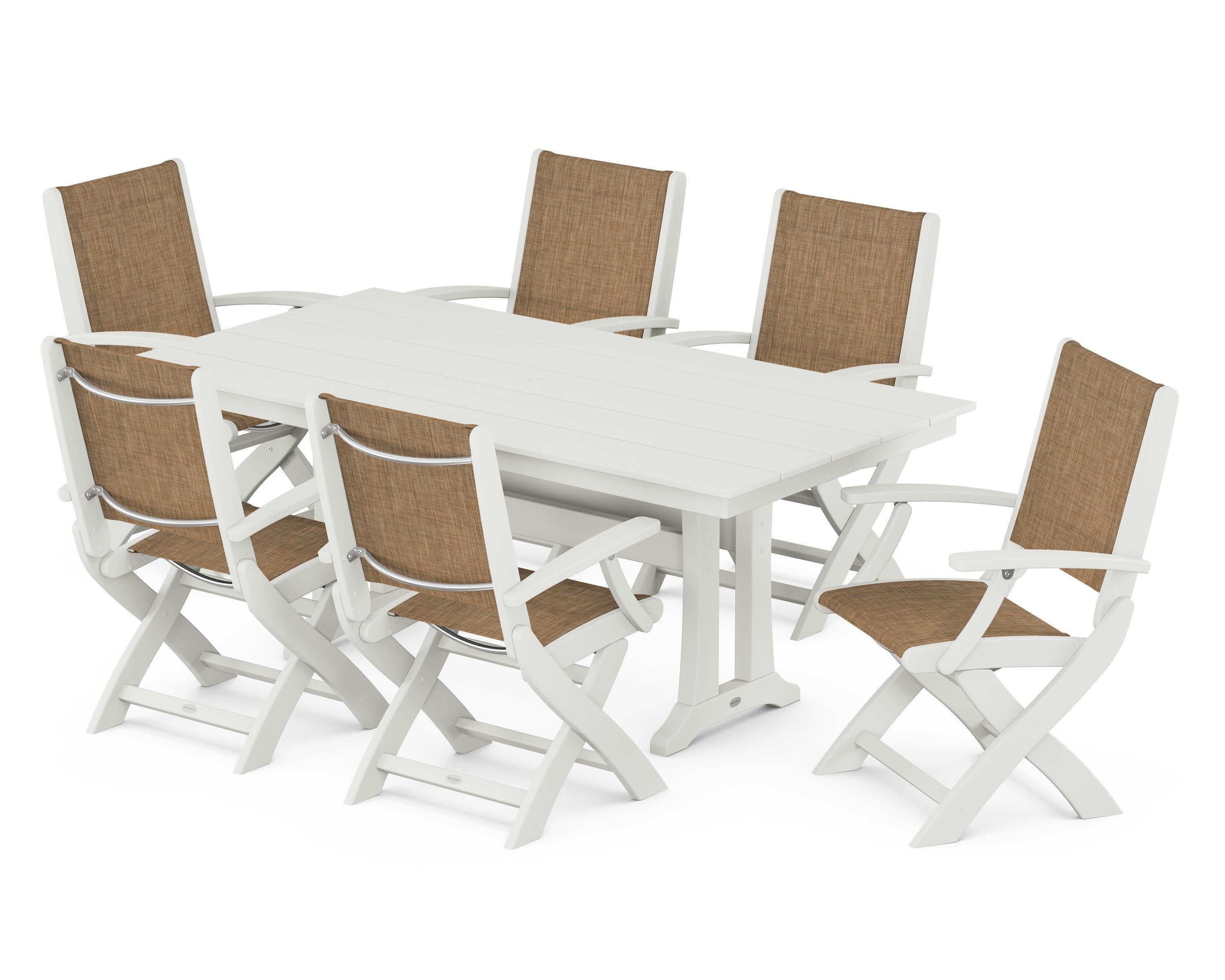 Coastal Folding Arm Chair 7-Piece Farmhouse Dining Set with Trestle Legs in Vintage White / Burlap Sling