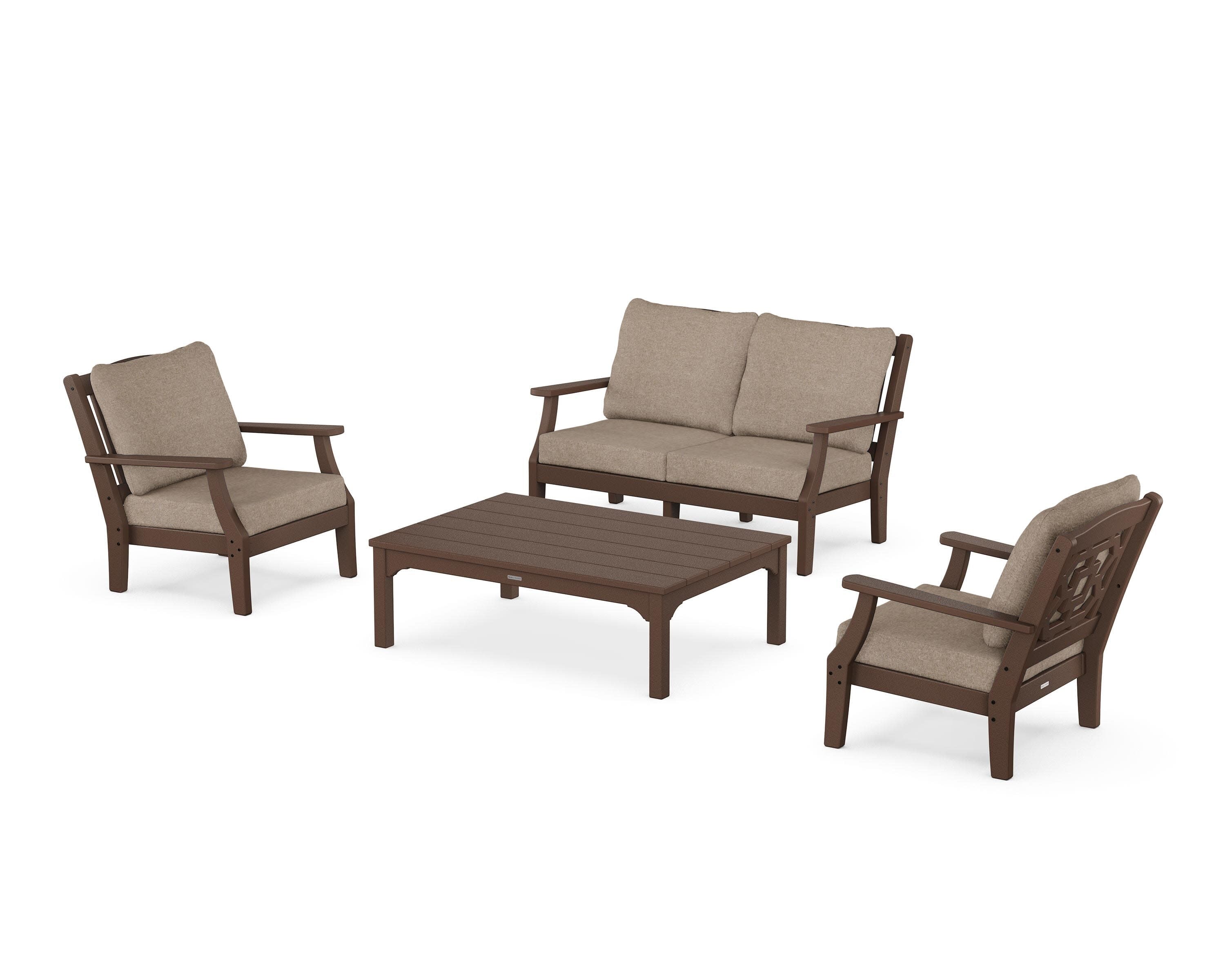 Chinoiserie 4-Piece Deep Seating Set with Loveseat in Mahogany / Spiced Burlap