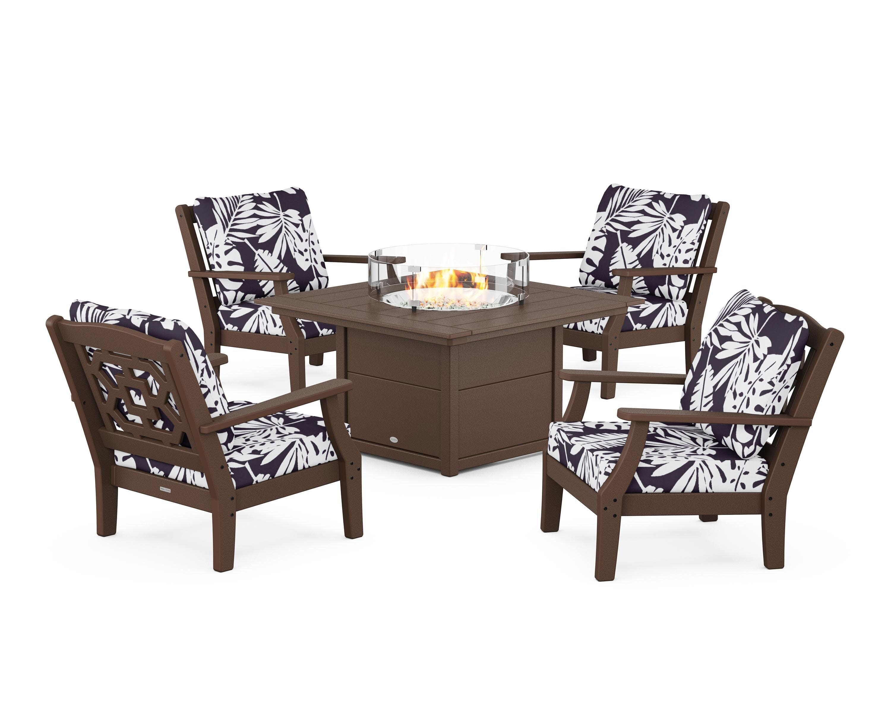 Chinoiserie 5-Piece Deep Seating Set with Fire Pit Table in Mahogany / Leaf Navy