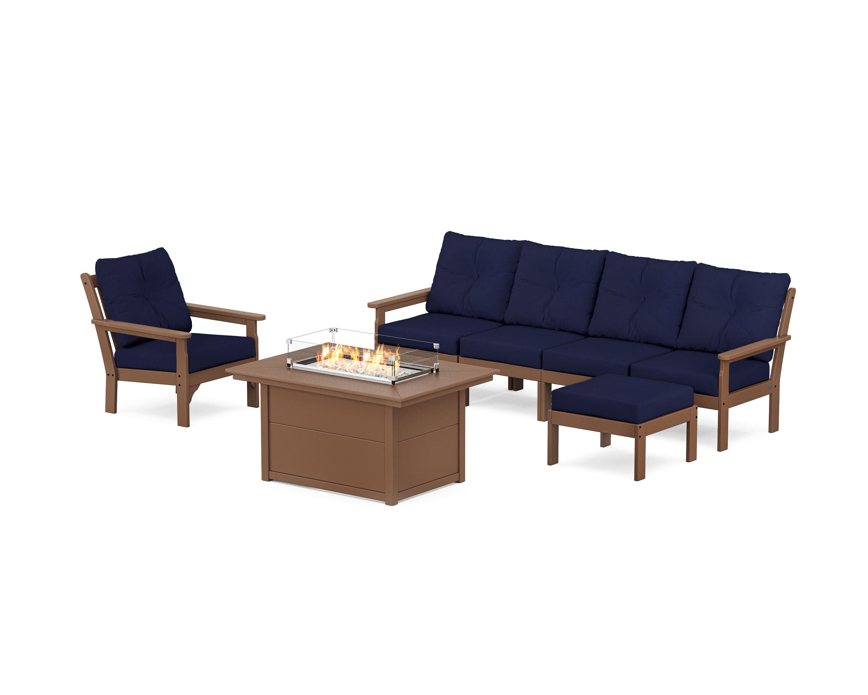 Vineyard Sectional Lounge and Fire Pit Set in Teak / Navy