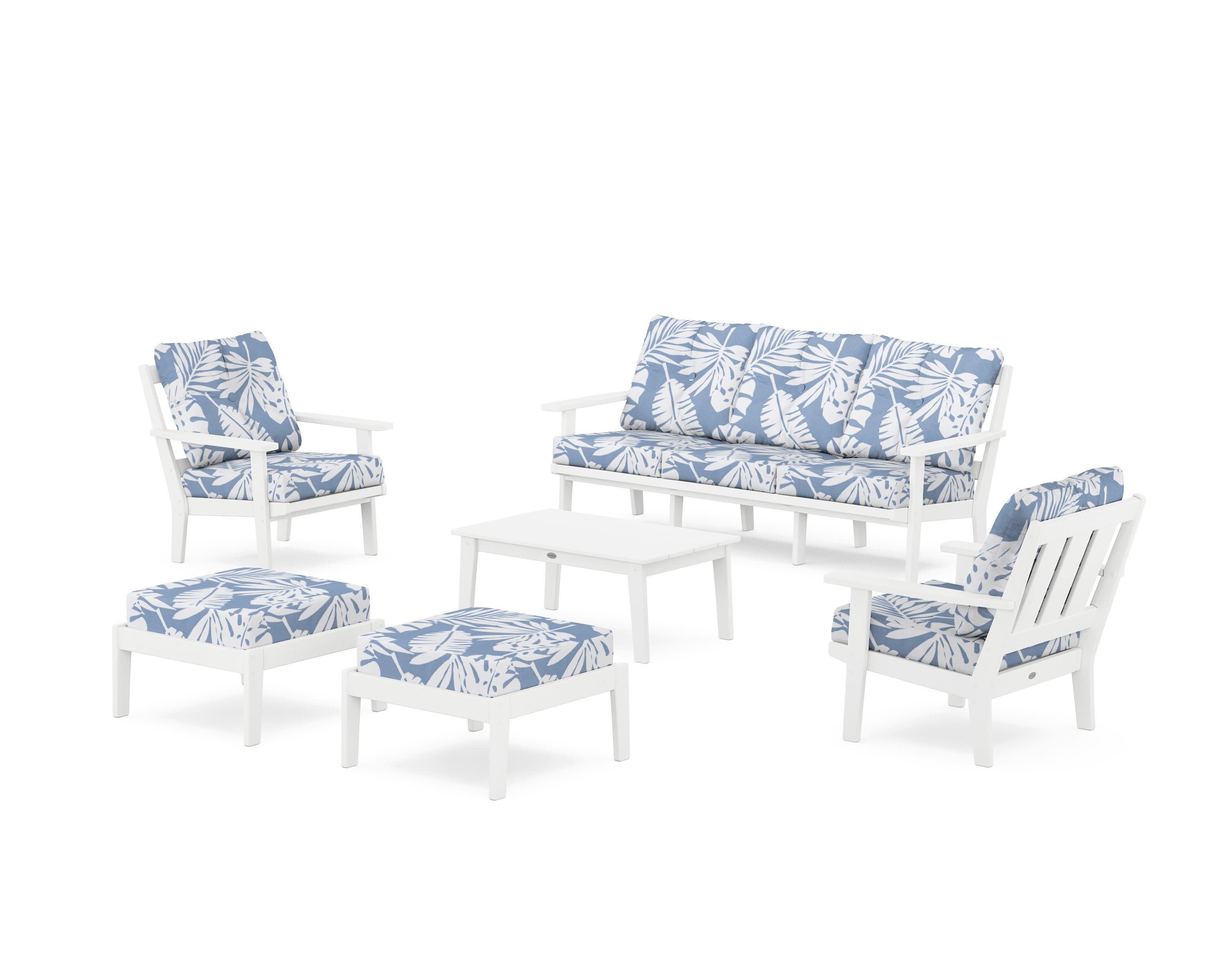 Oxford 6-Piece Lounge Sofa Set in White / Leaf Sky Blue