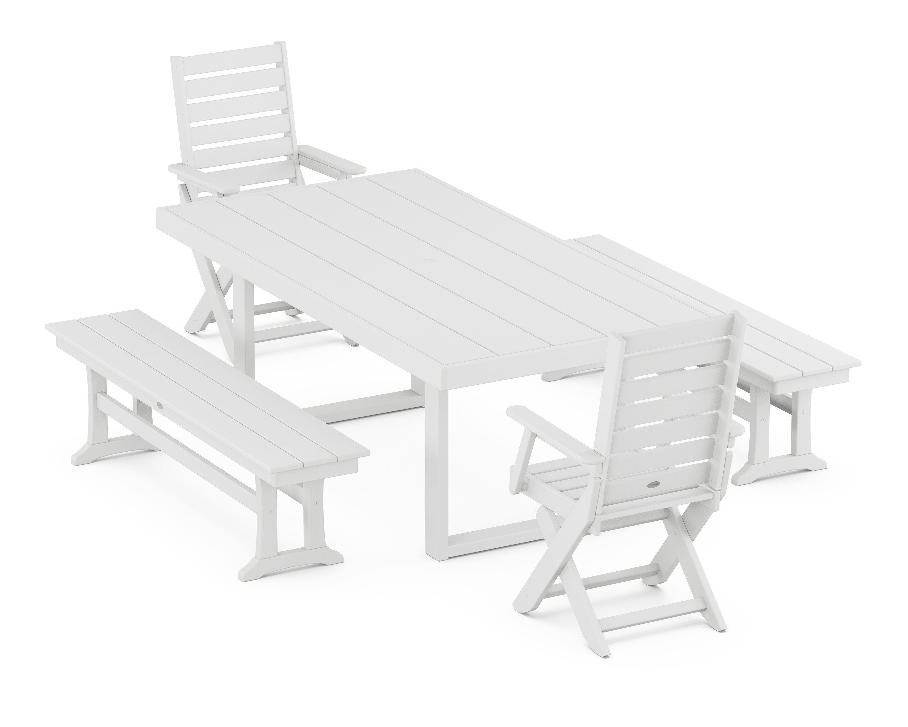 Captain Folding Chair 5-Piece Dining Set with Benches in White