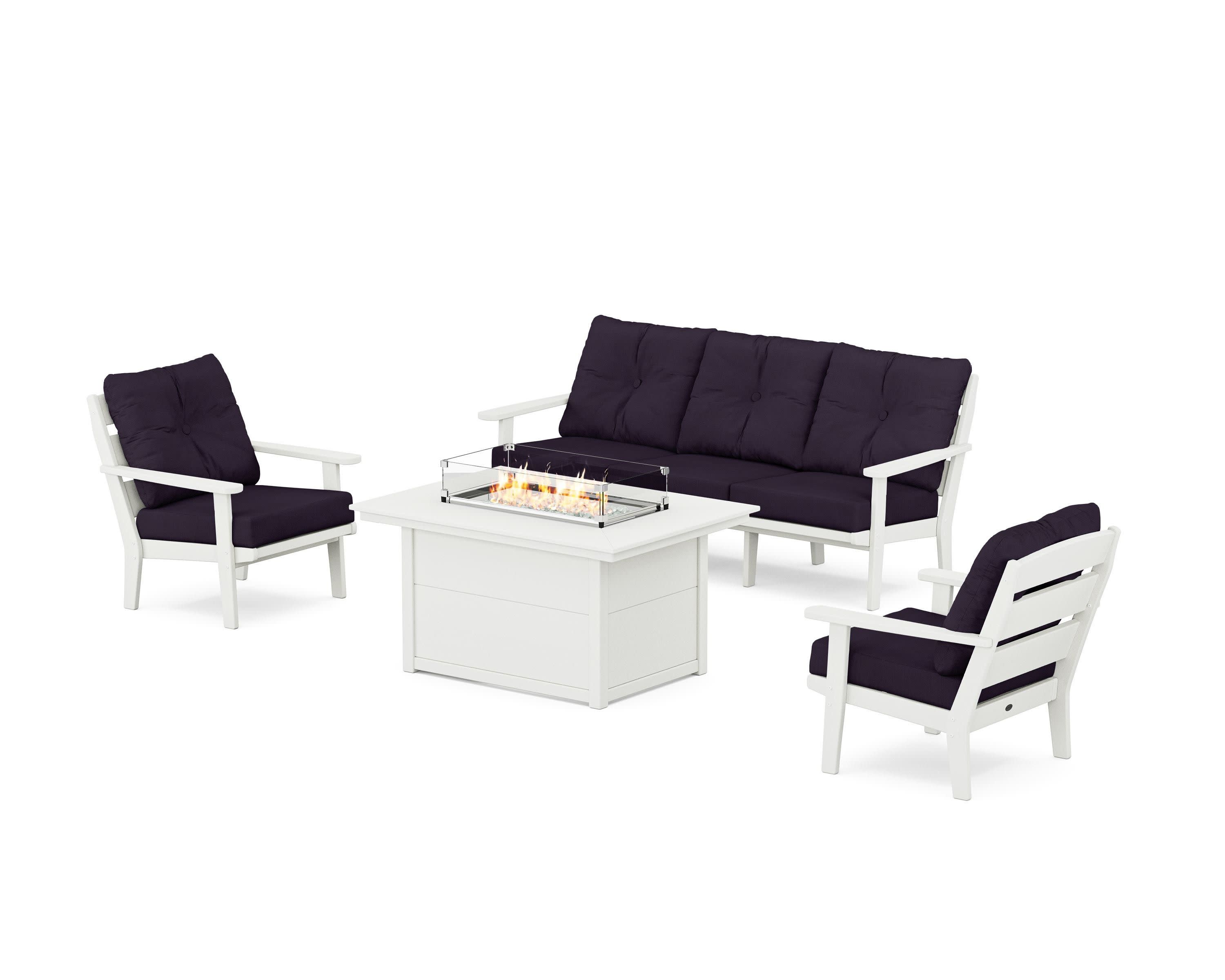 Lakeside Deep Seating Fire Pit Table Set in Vintage White / Navy Linen