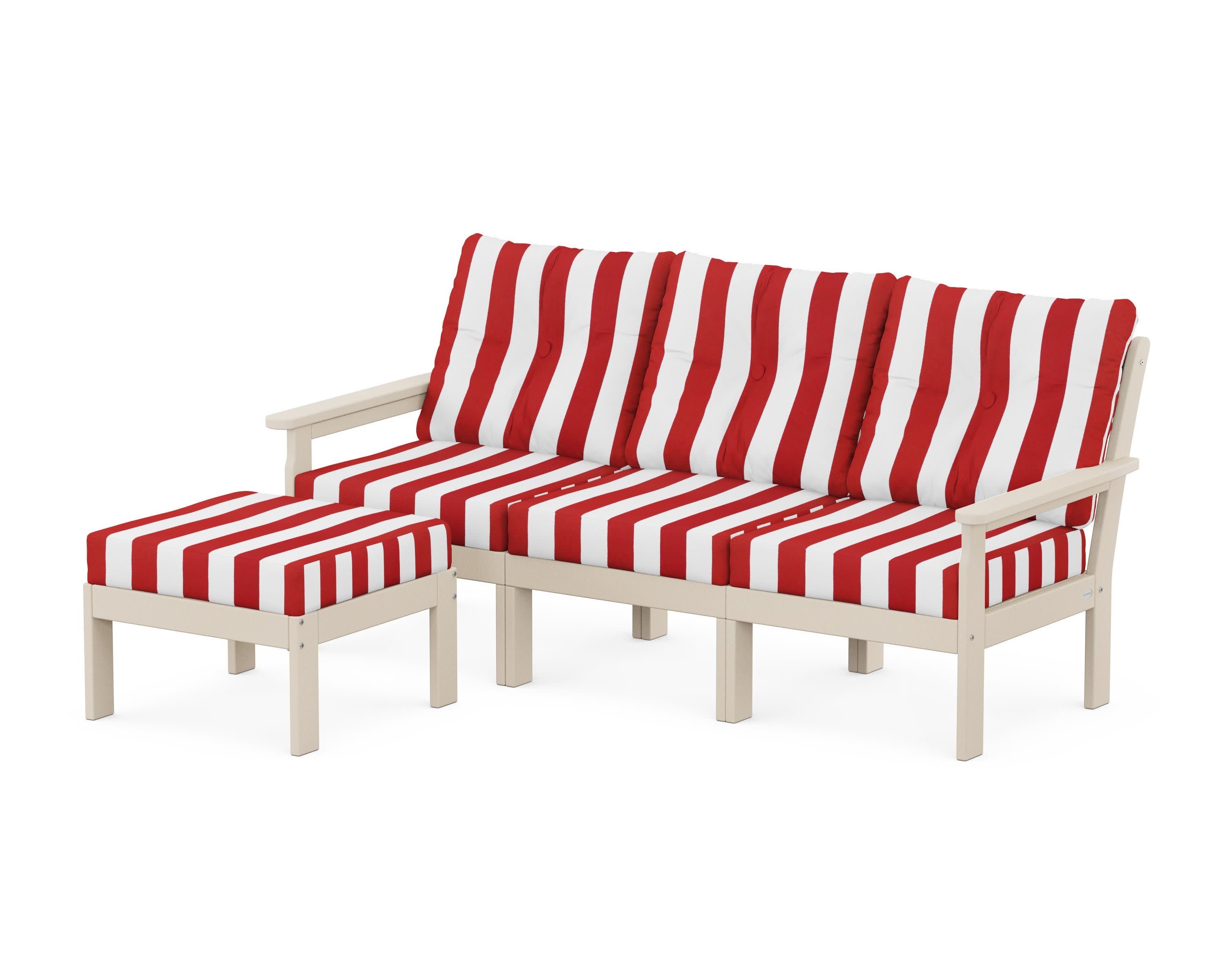 Vineyard 4-Piece Sectional with Ottoman in Sand / Cabana Stripe Crimson