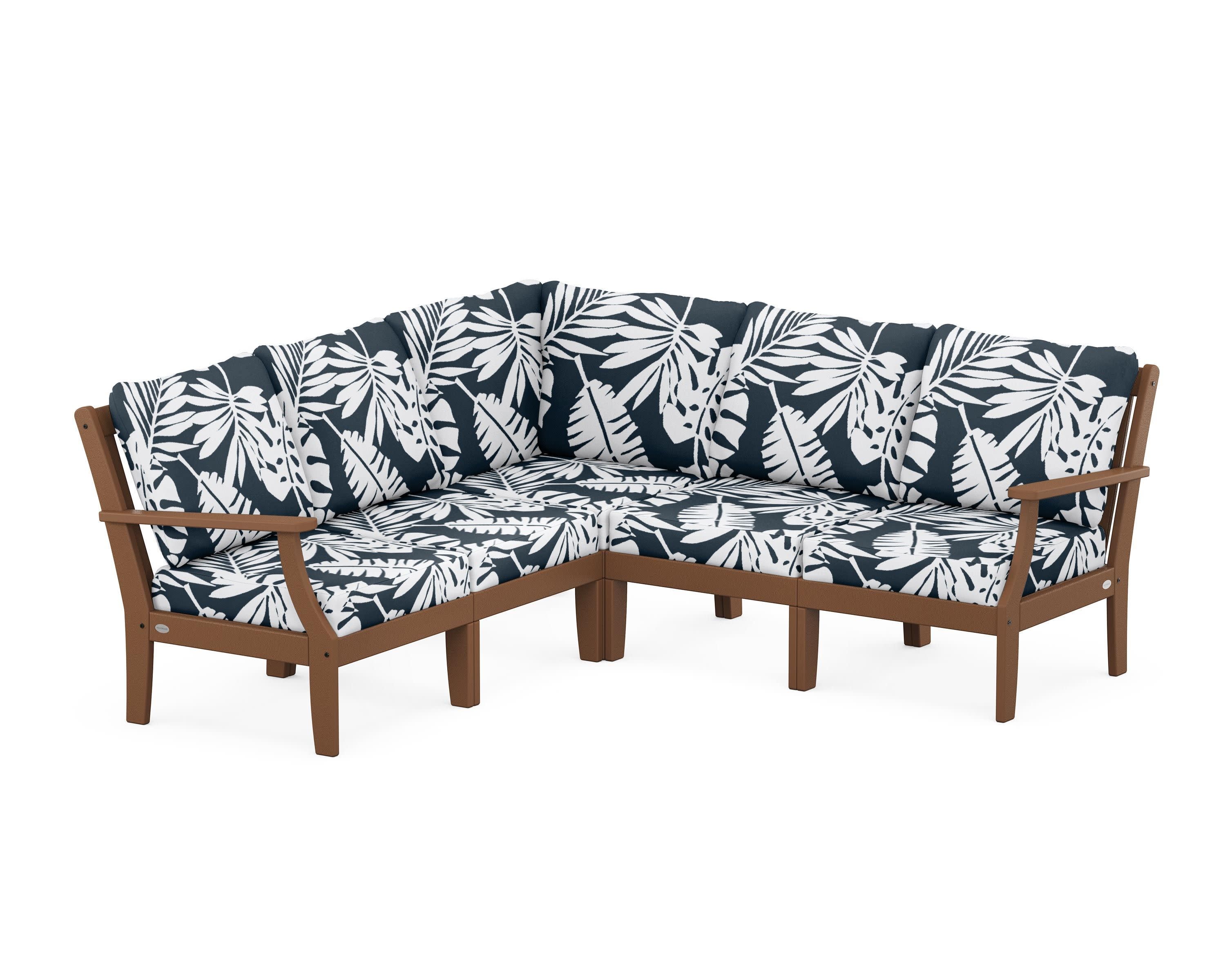 Braxton Modular 5-Piece Deep Seating Set in Teak / Leaf Marine Indigo