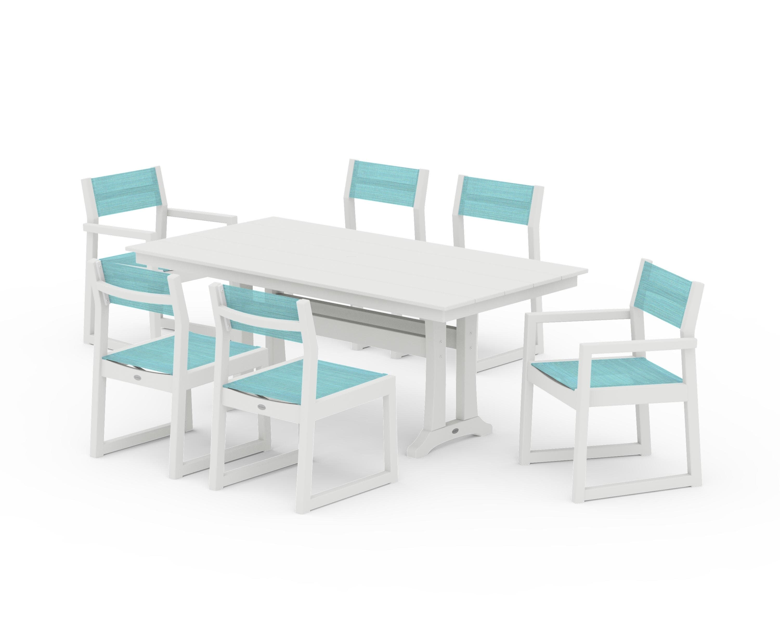 EDGE Sling 7-Piece Farmhouse Trestle Dining Set in Vintage White / Dupioni Aquamarine Sling