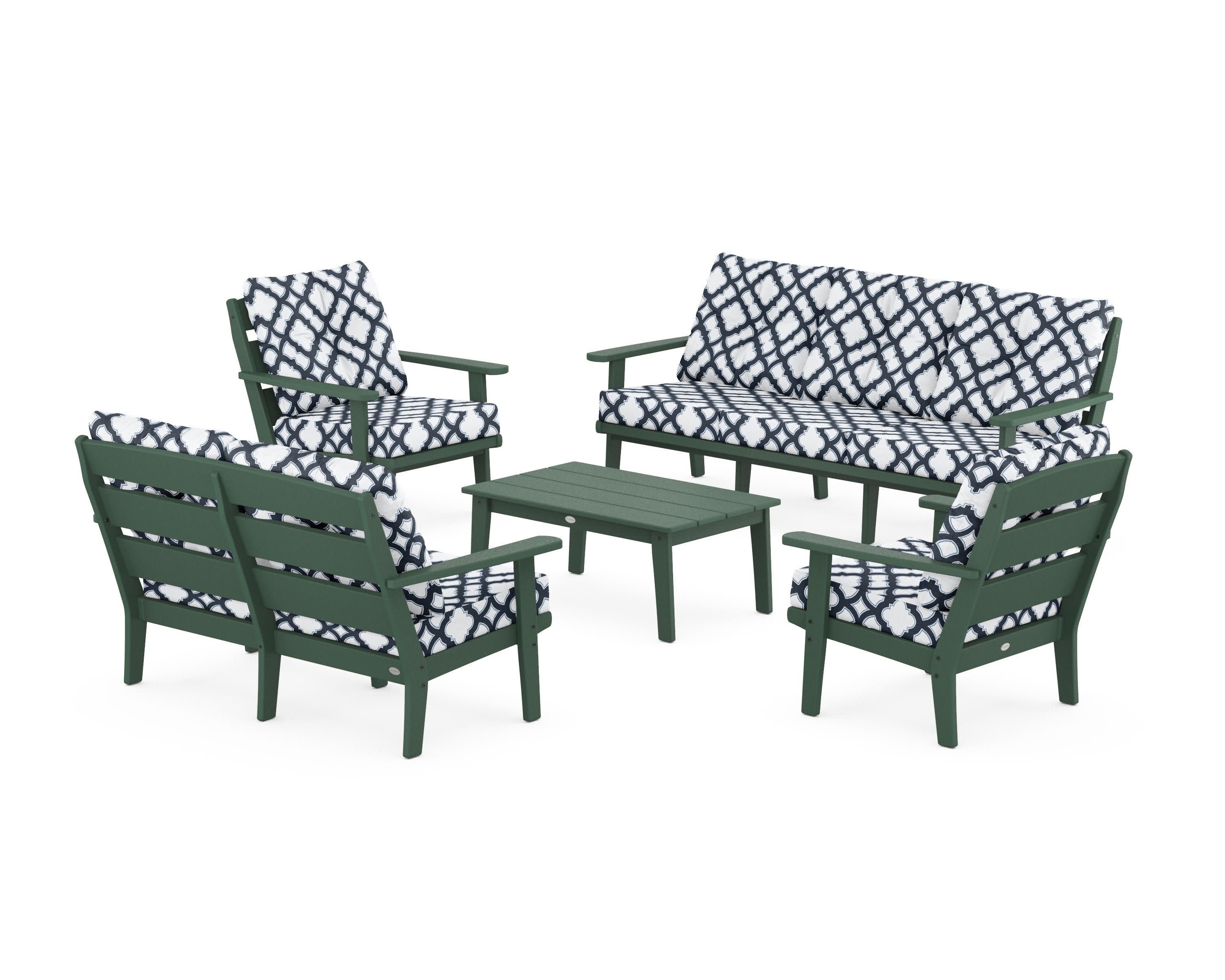Lakeside 5-Piece Lounge Sofa Set in Green / Trellis Marine Indigo
