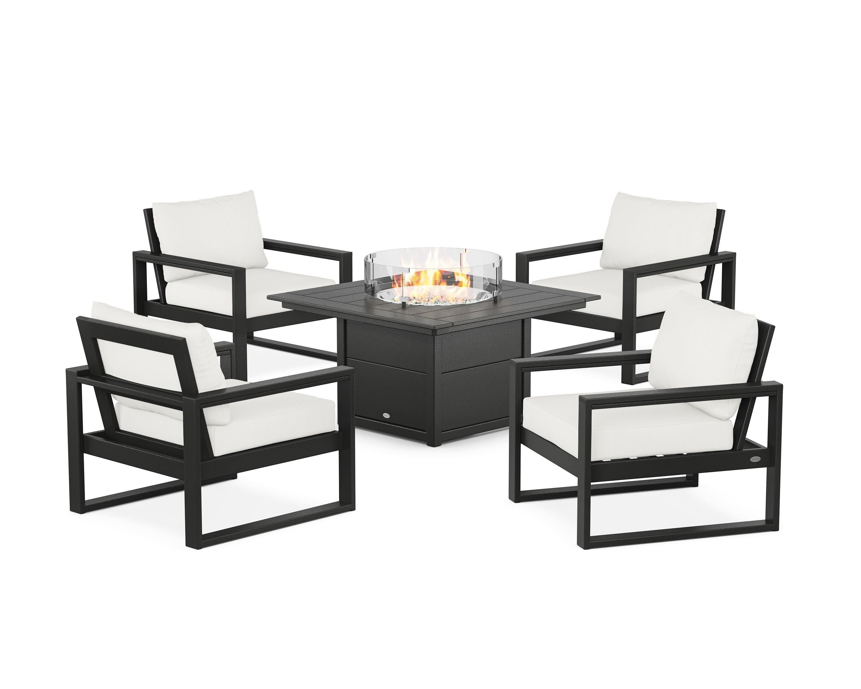 EDGE Sectional 5-Piece Deep Seating Set with Fire Pit Table in Black / Natural Linen