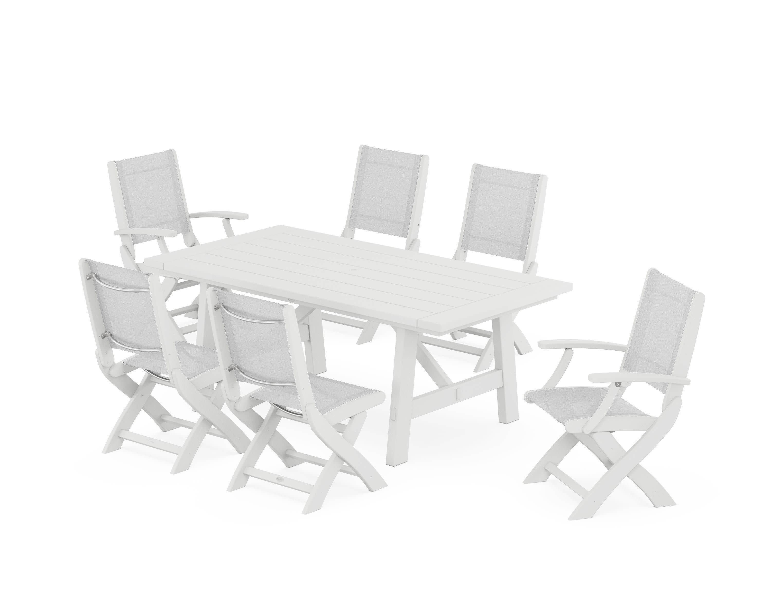 Coastal Folding Chair 7-Piece Rustic Farmhouse Dining Set in White / White Sling