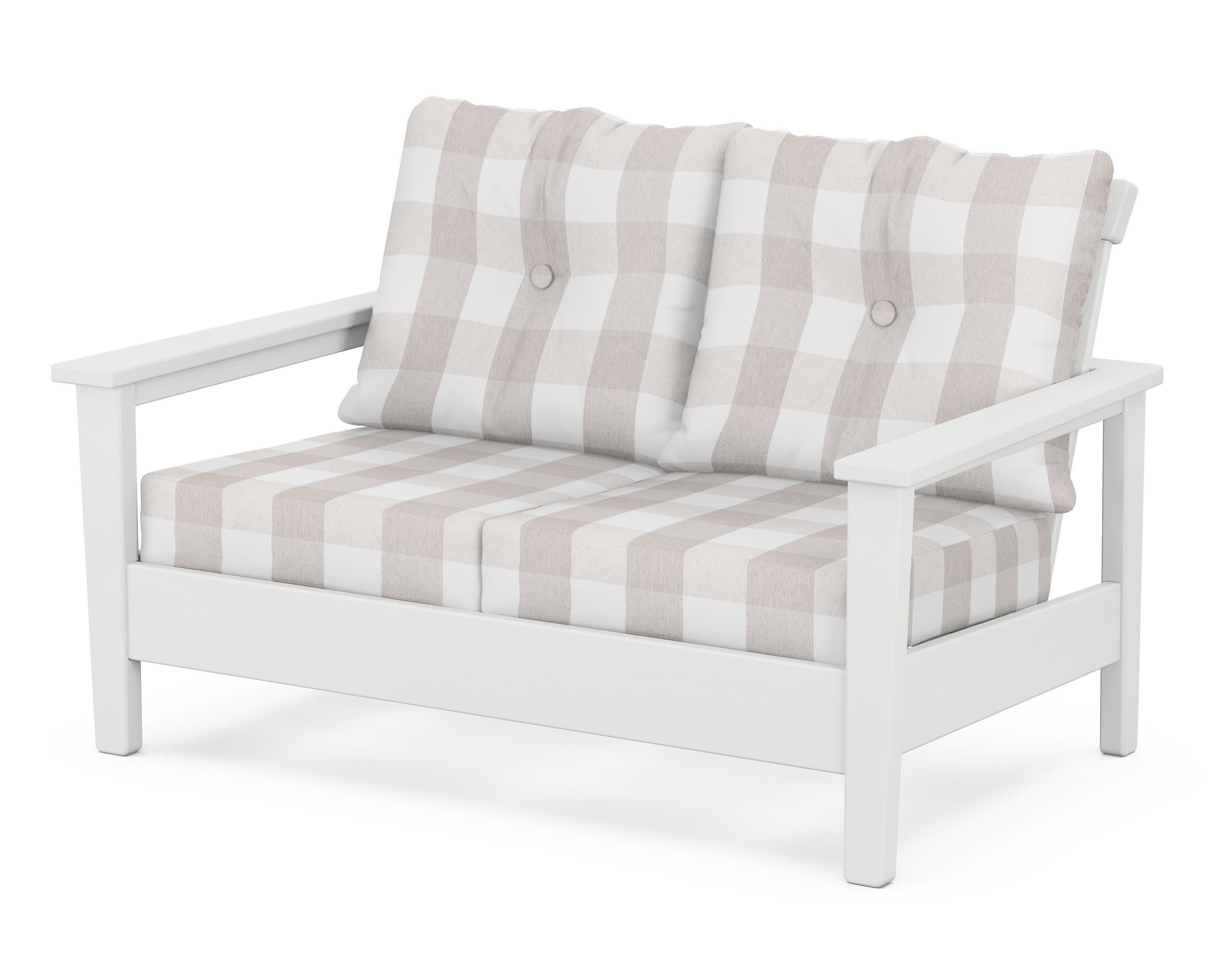 Prescott Deep Seating Loveseat in White / Buffalo Plaid Dune Burlap