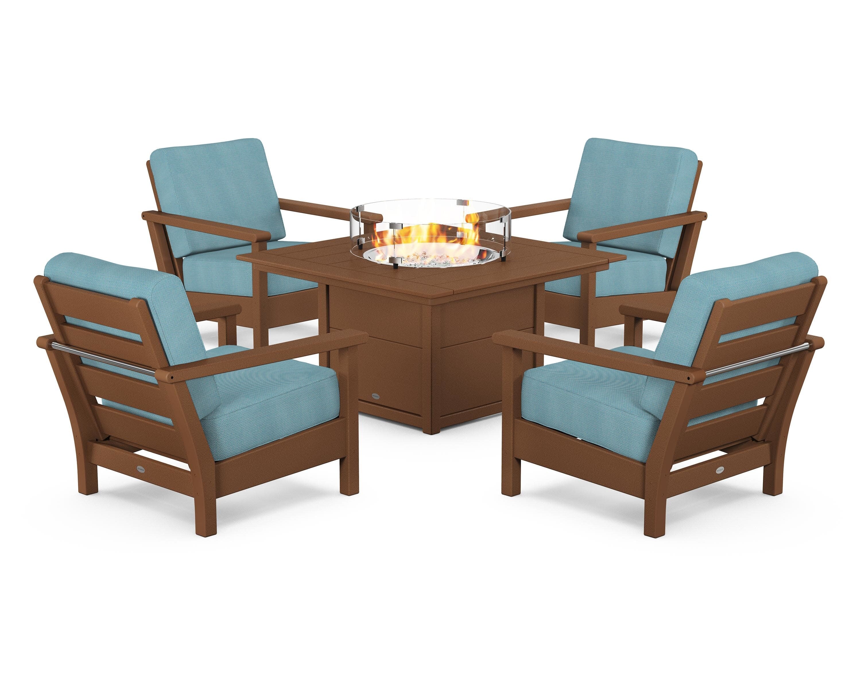 Harbour 5-Piece Conversation Set with Fire Pit Table in Teak / Lattice Sky Blue