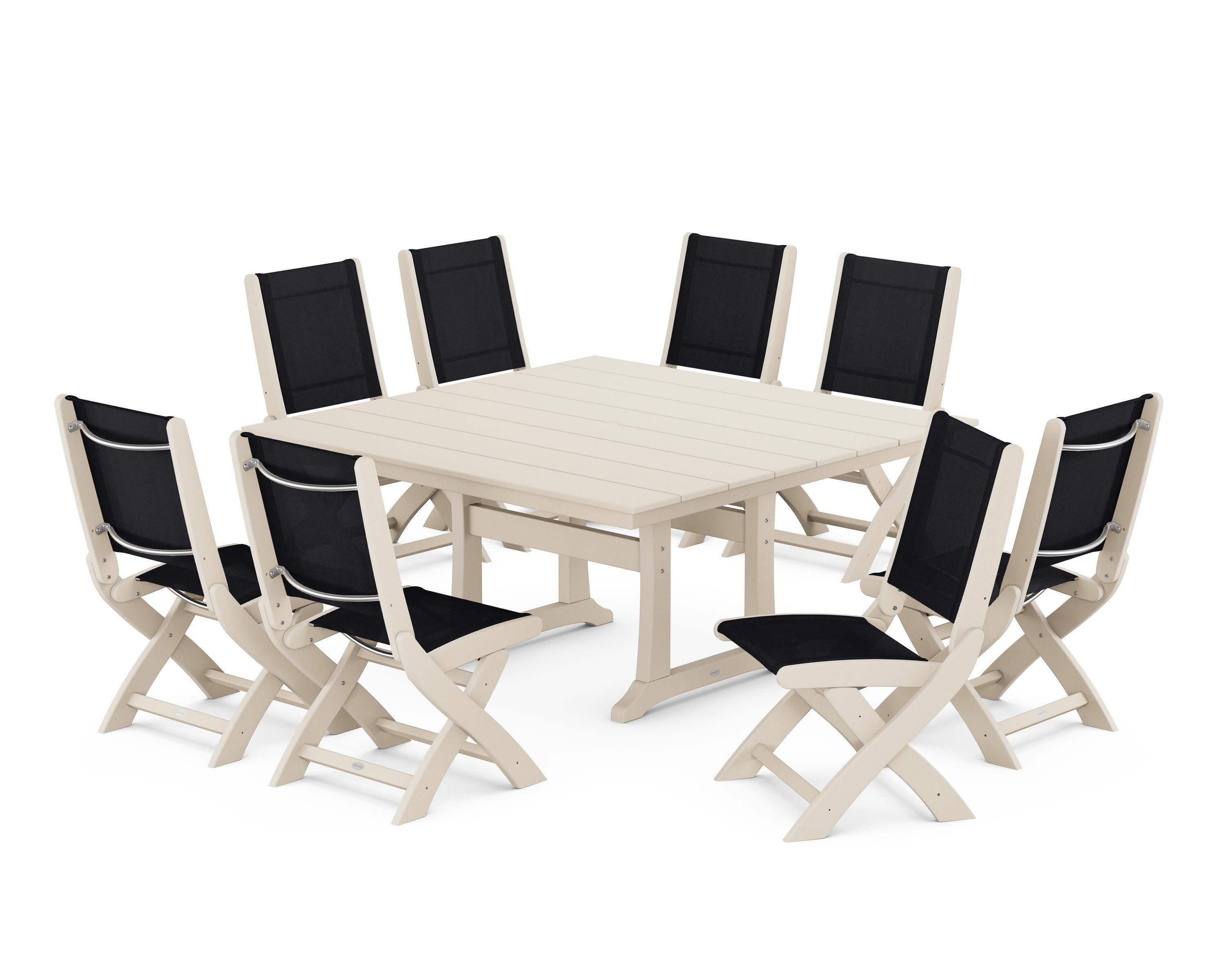 Coastal Folding Side Chair 9-Piece Farmhouse Dining Set in Sand / Black Sling