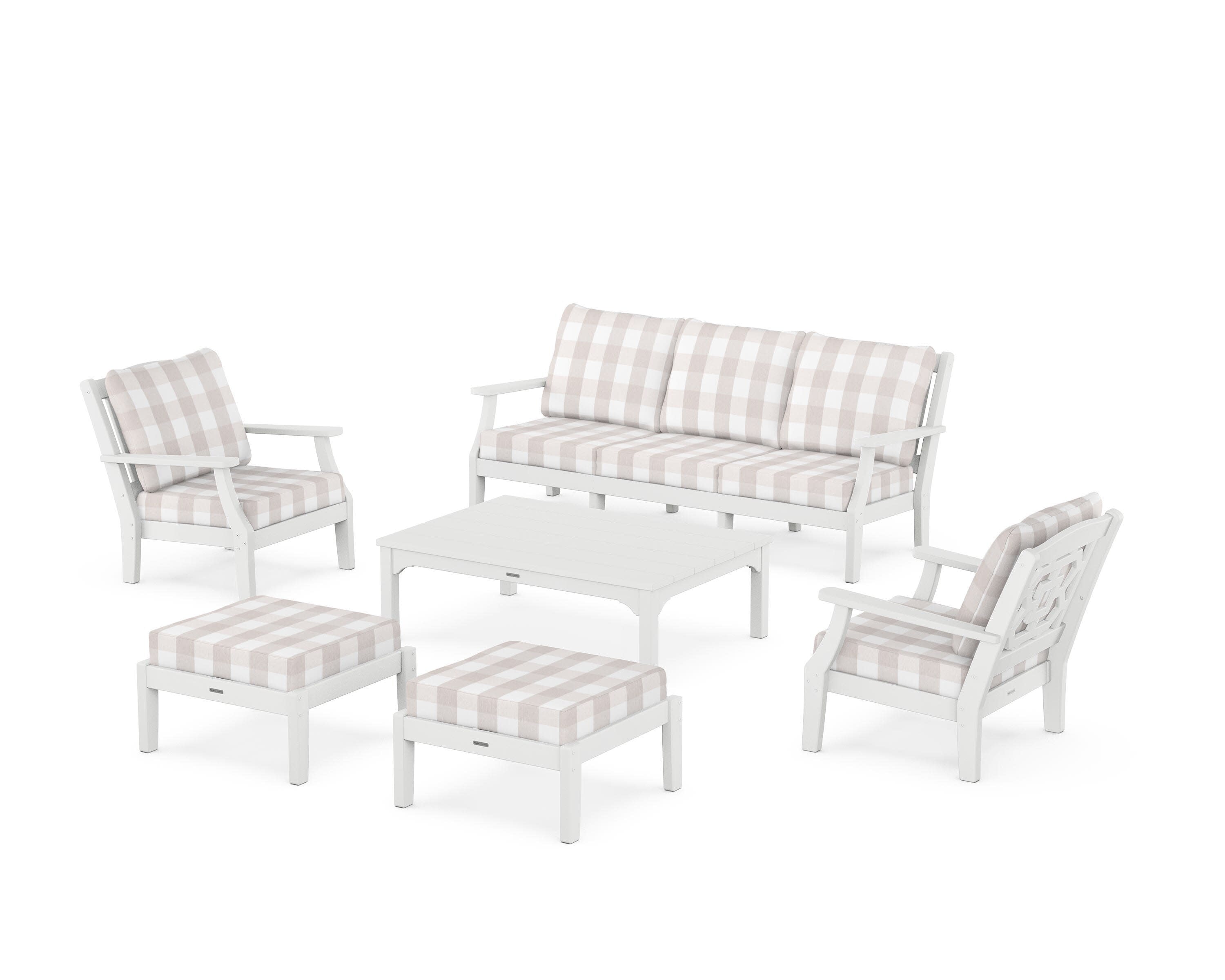 Chinoiserie 6-Piece Lounge Sofa Set in White / Buffalo Plaid Dune Burlap