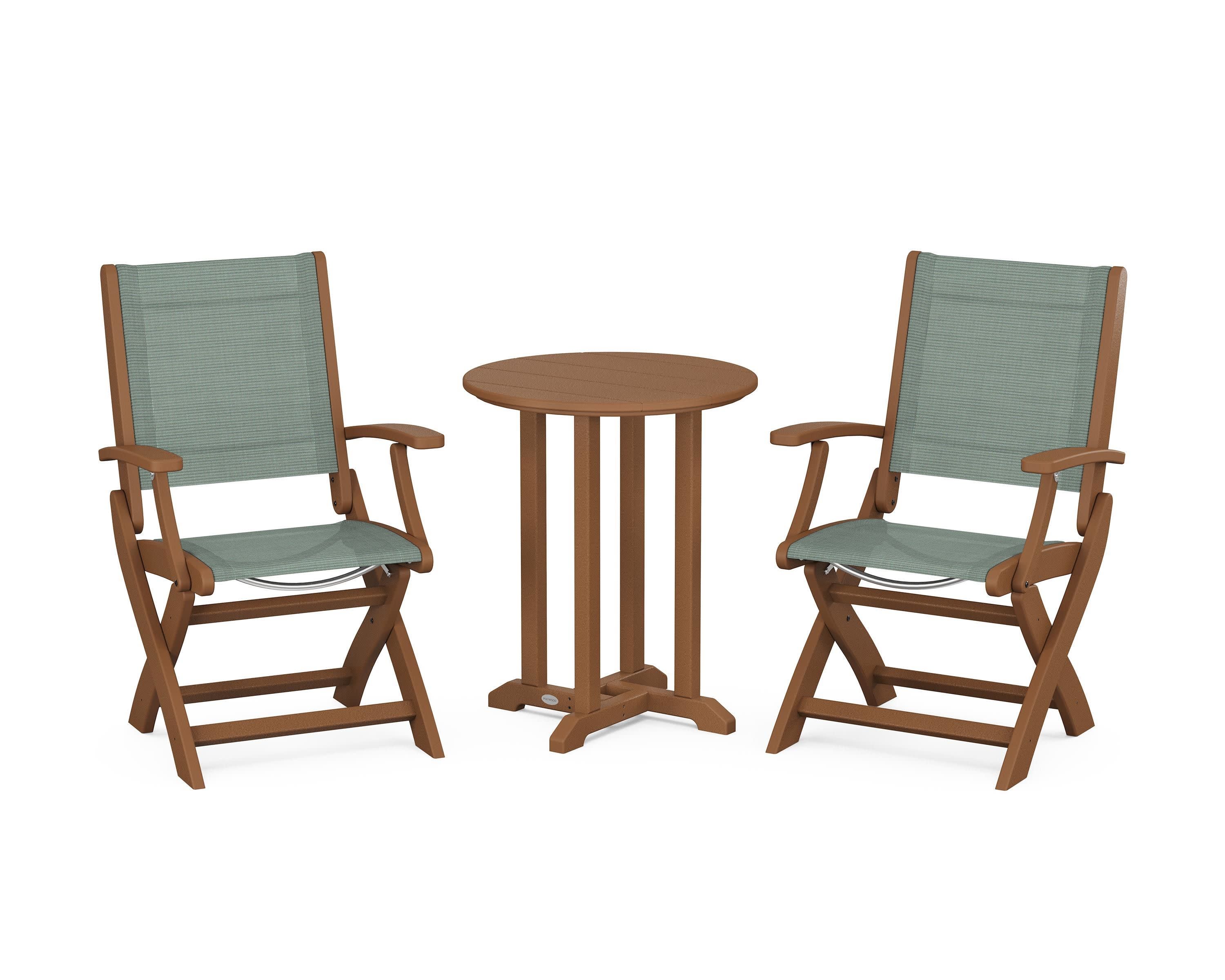 Coastal Folding 3-Piece Round Bistro Dining Set in Teak / Dupioni Sea Mist Sling