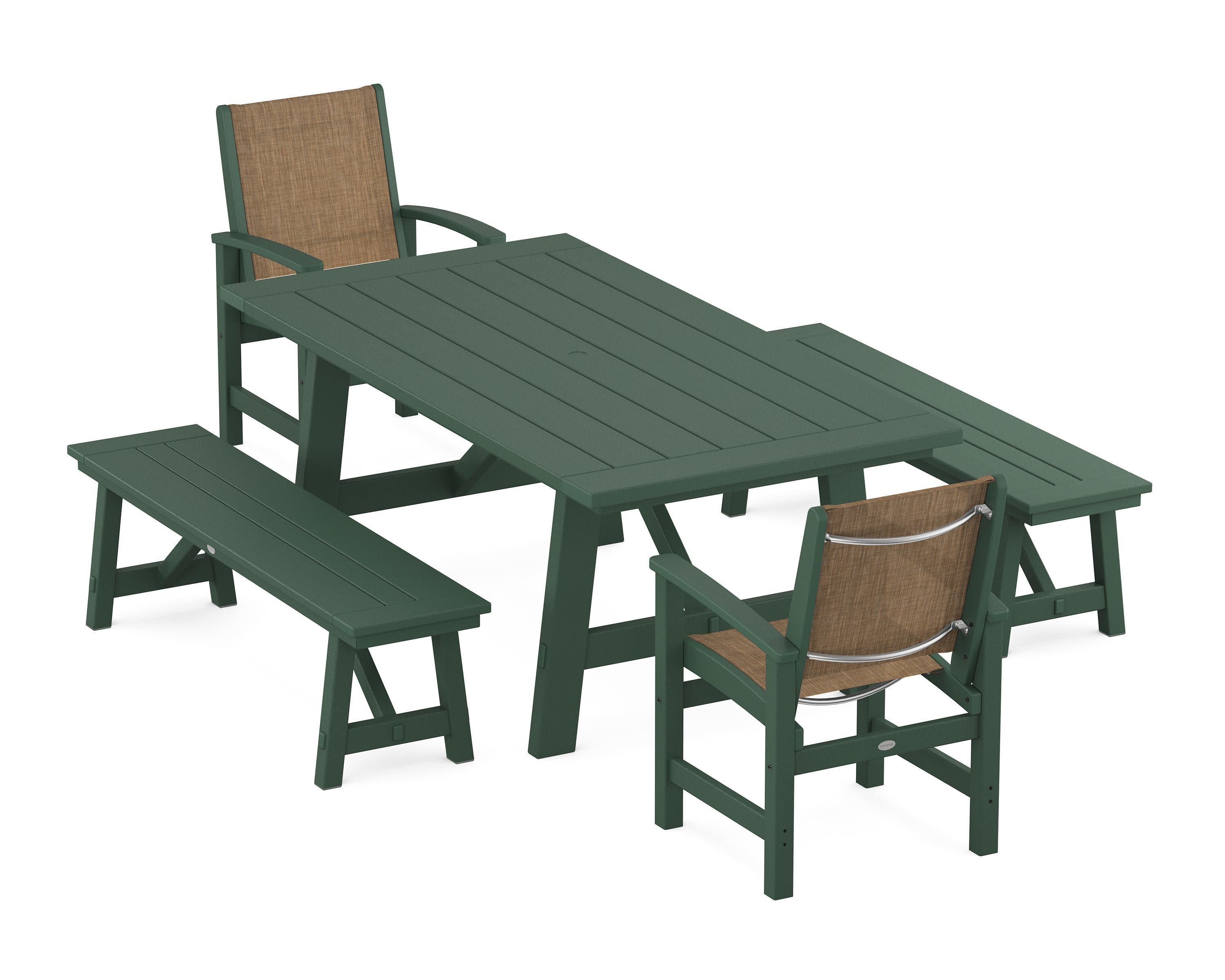 Coastal 5-Piece Rustic Farmhouse Dining Set With Benches in Green / Burlap Sling