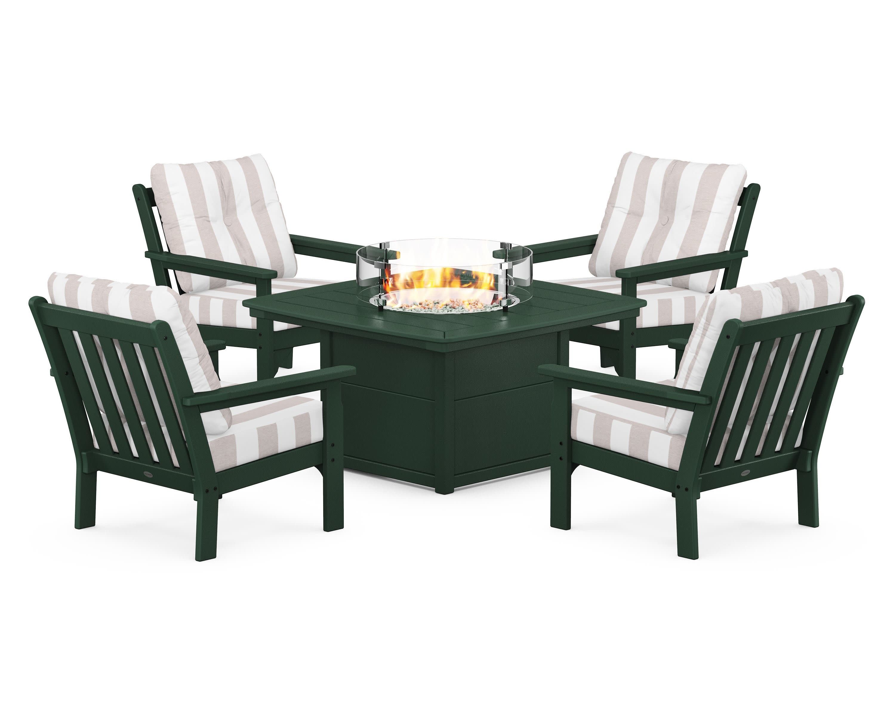 Vineyard 5-Piece Conversation Set with Fire Pit Table in Green / Cabana Stripe Dune Burlap