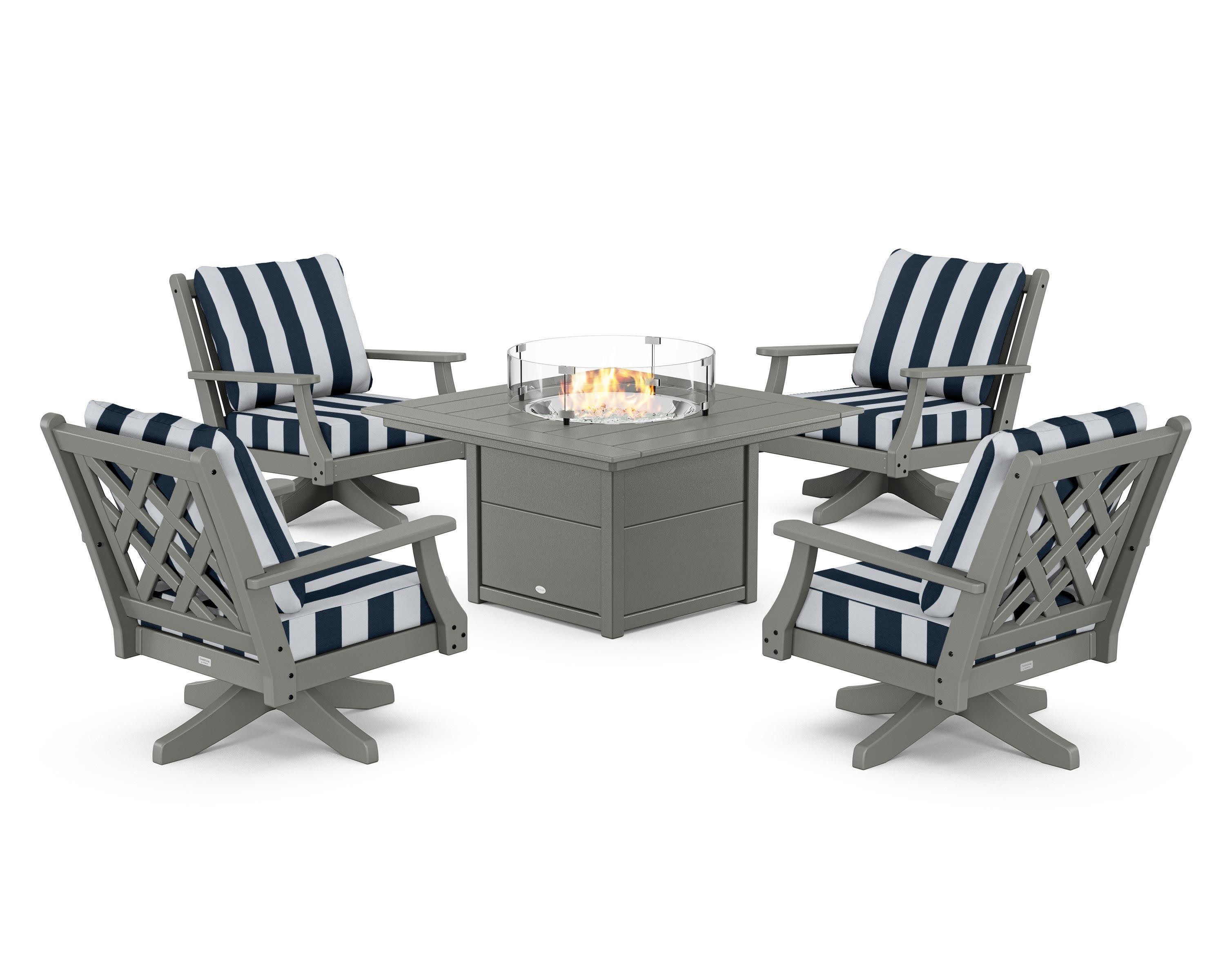 Wovendale 5-Piece Deep Seating Swivel Conversation Set with Fire Pit Table in Slate Grey / Cabana Stripe Marine Indigo