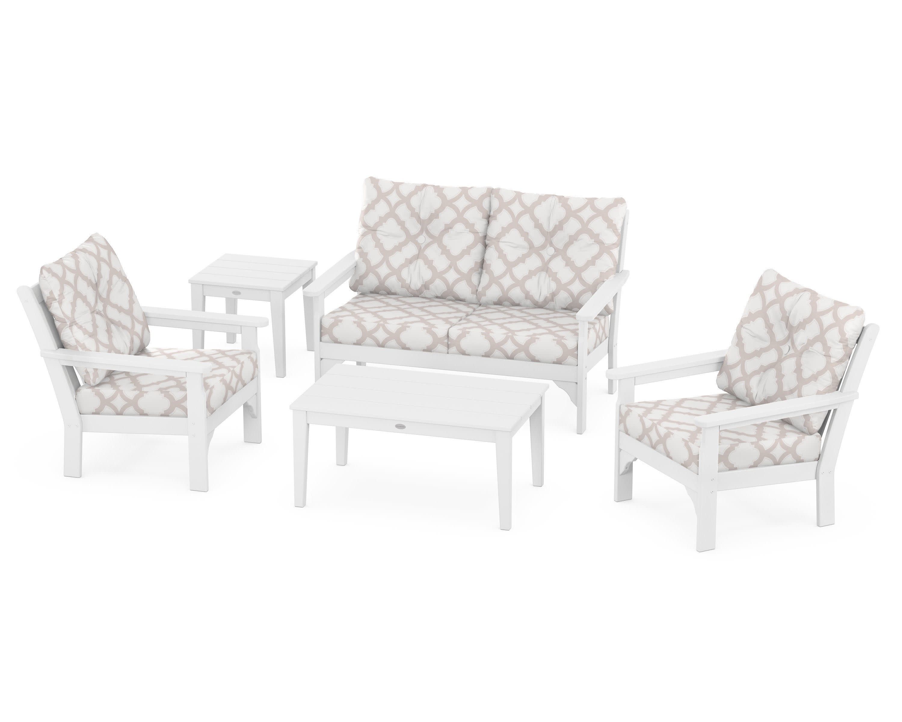 Vineyard 5-Piece Deep Seating Set in White / Trellis Dune Burlap