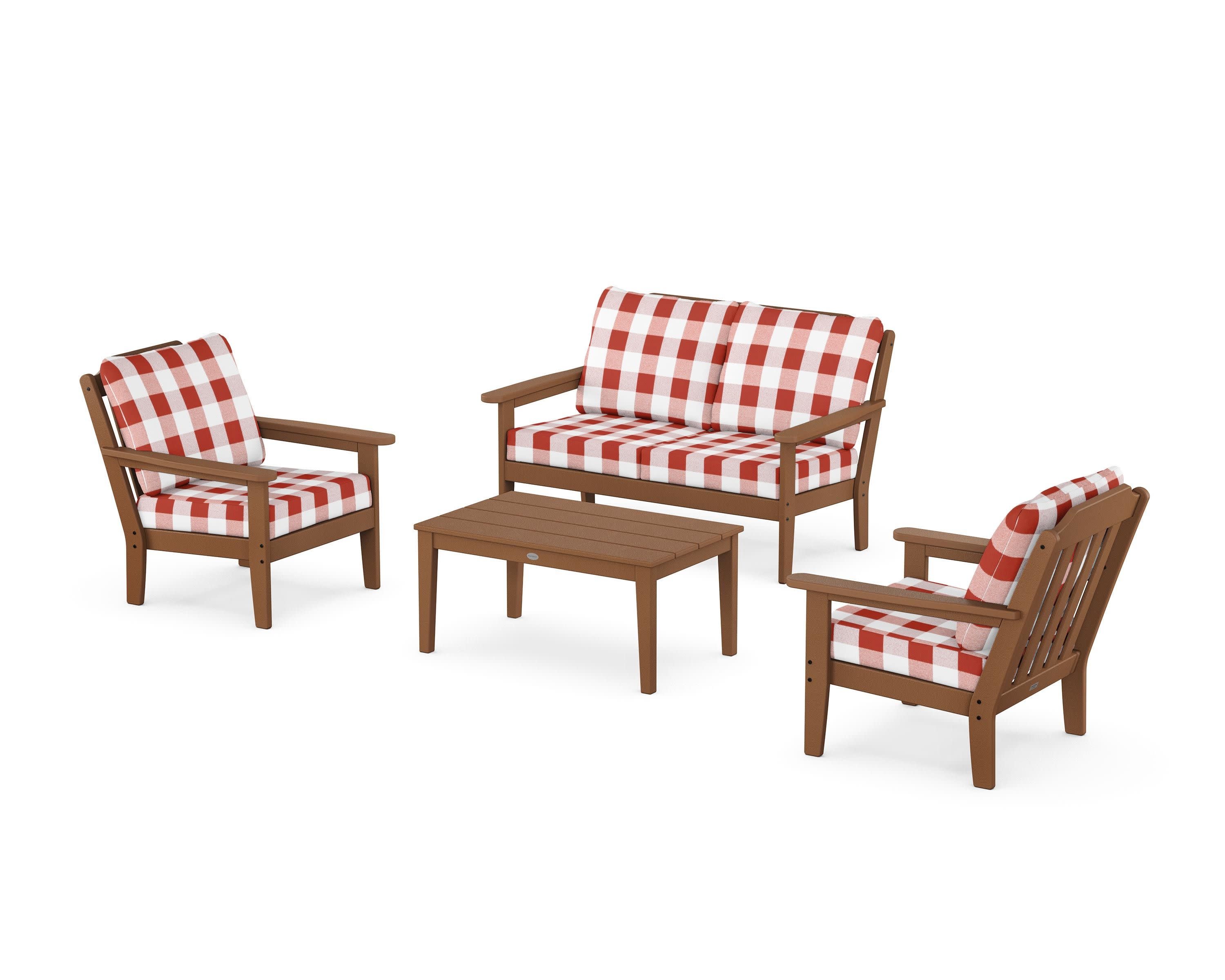 Cottage 4-Piece Deep Seating Set with Loveseat in Teak / Buffalo Plaid Crimson