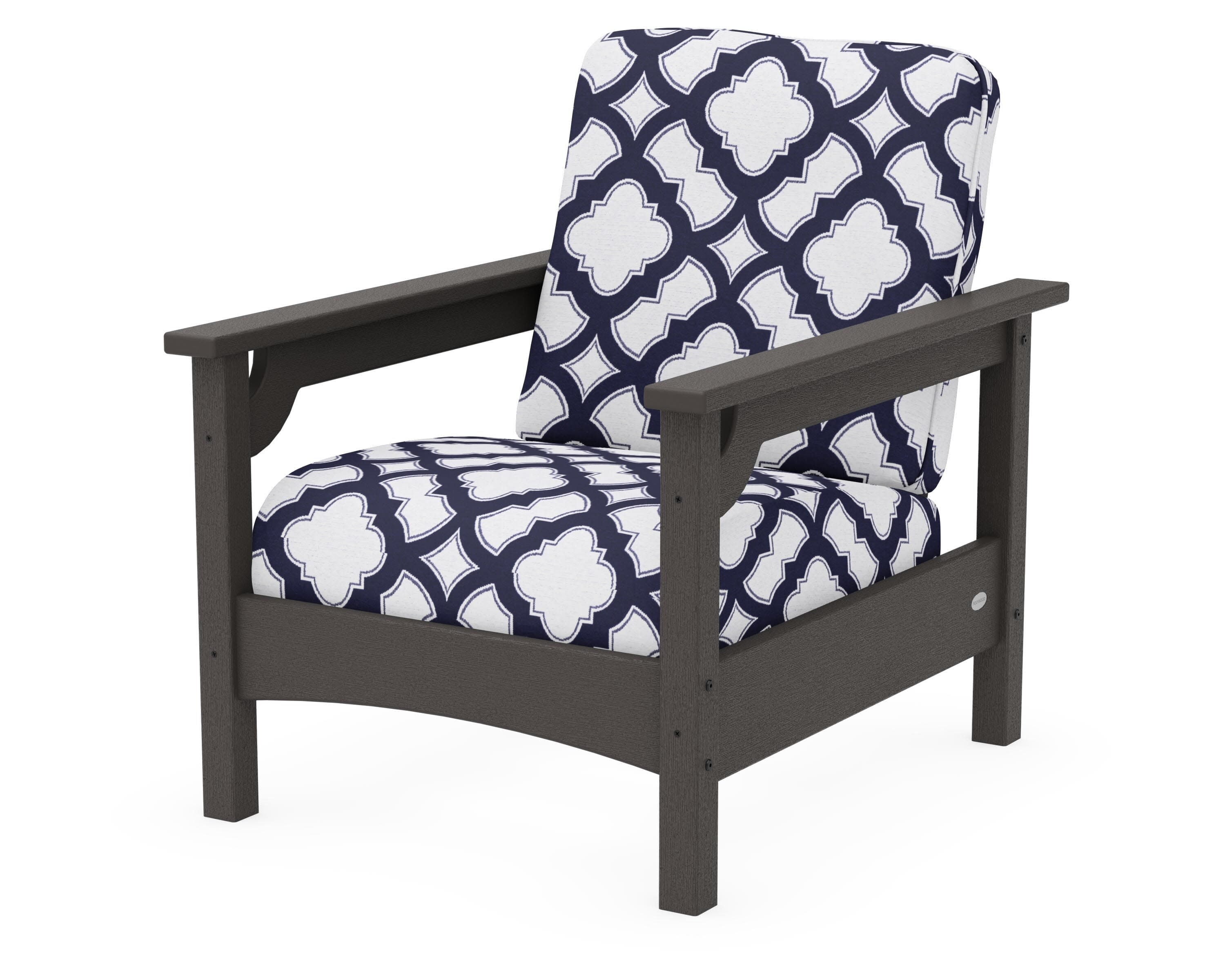 Club Chair in Vintage Coffee / Trellis Navy