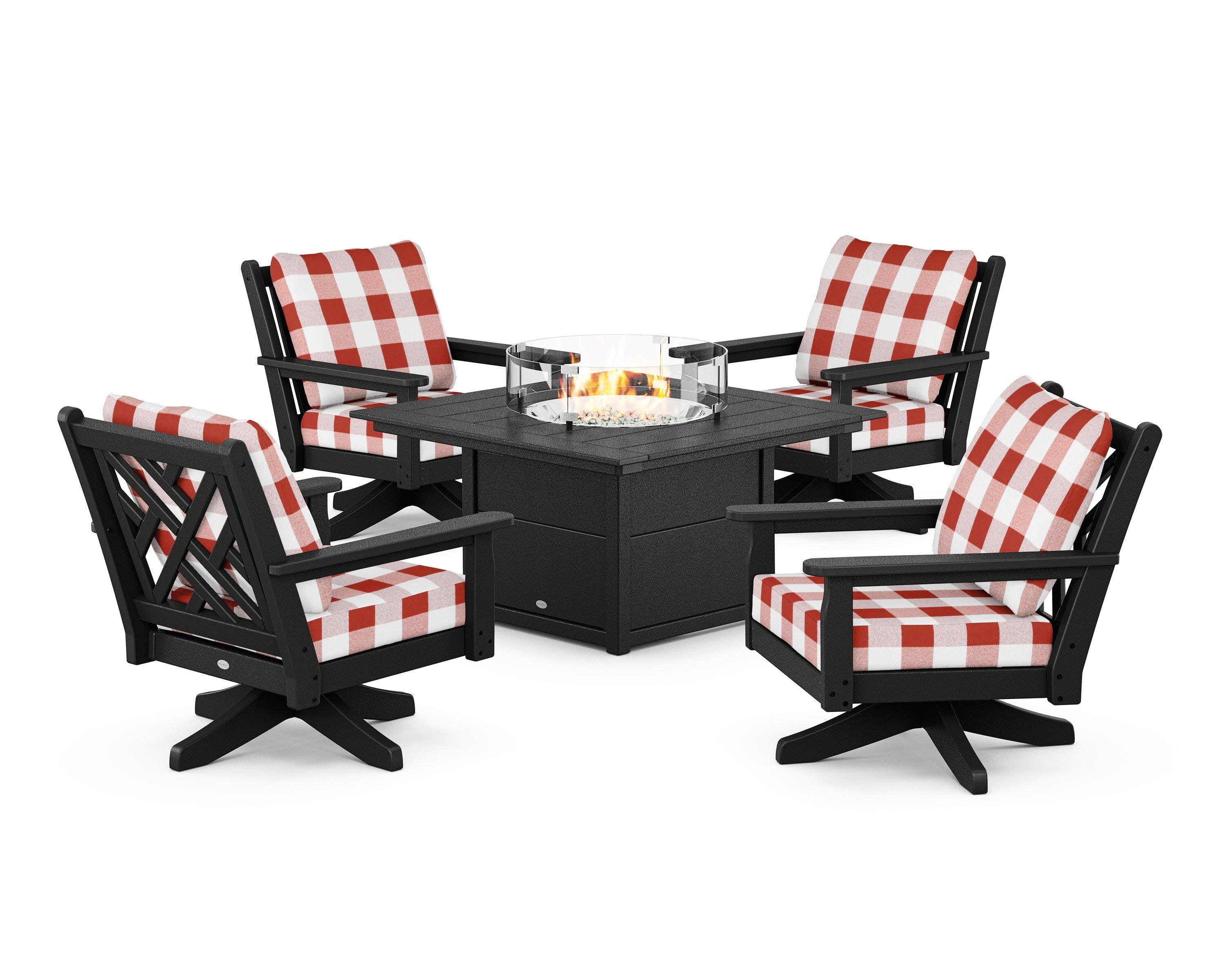 Chippendale 5-Piece Deep Seating Swivel Conversation Set with Fire Pit Table in Black / Buffalo Plaid Crimson