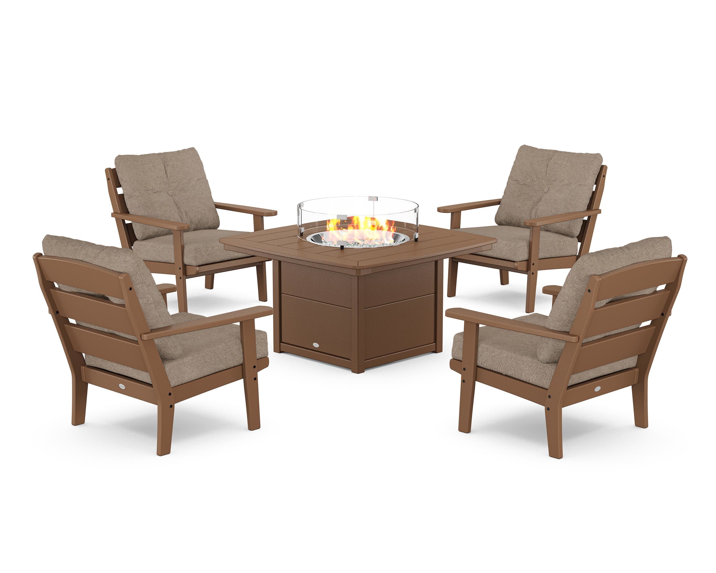 Lakeside 5-Piece Deep Seating Set with Nautical Fire Pit Table in Teak / Spiced Burlap