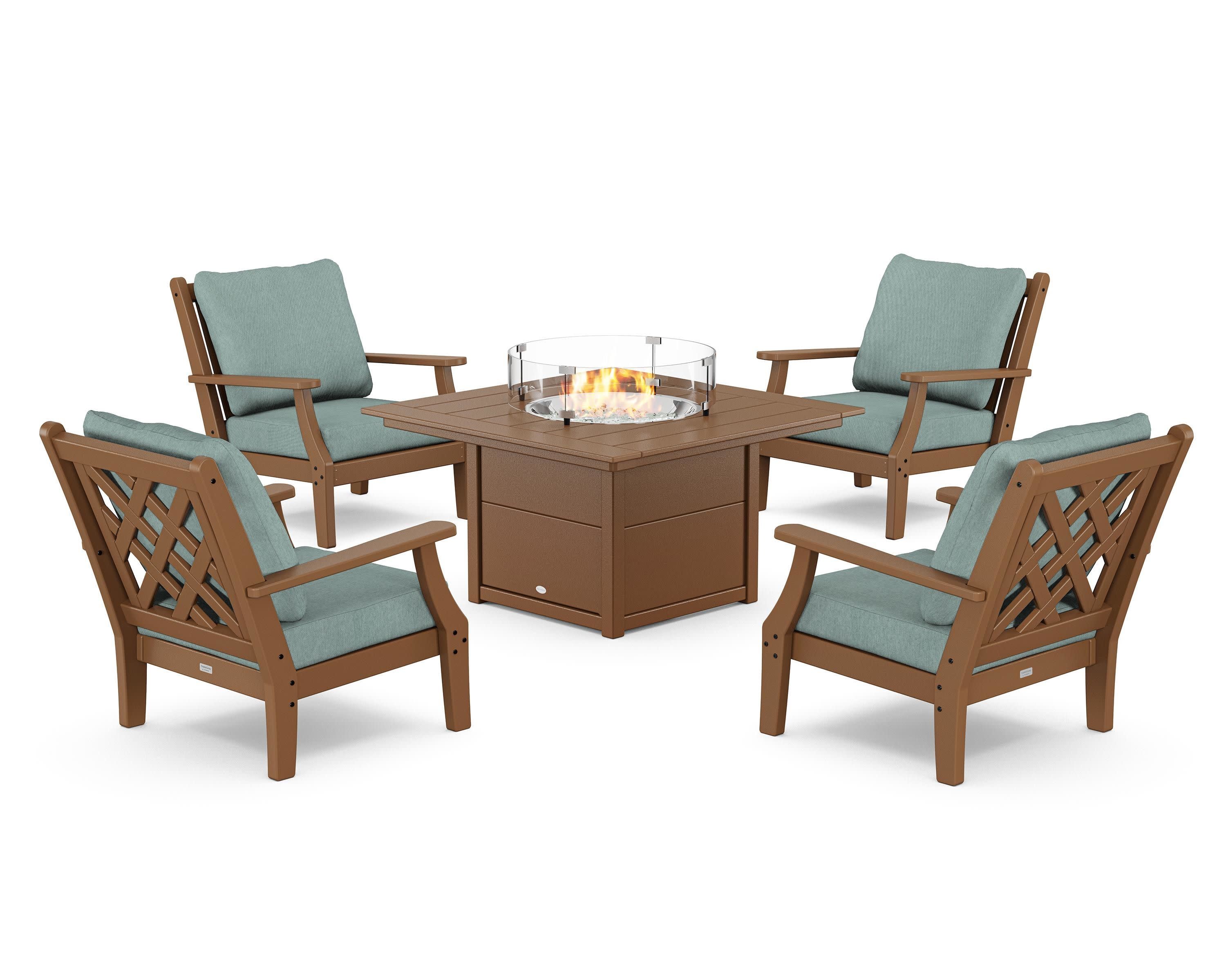 Wovendale 5-Piece Deep Seating Set with Fire Pit Table in Teak / Glacier Spa