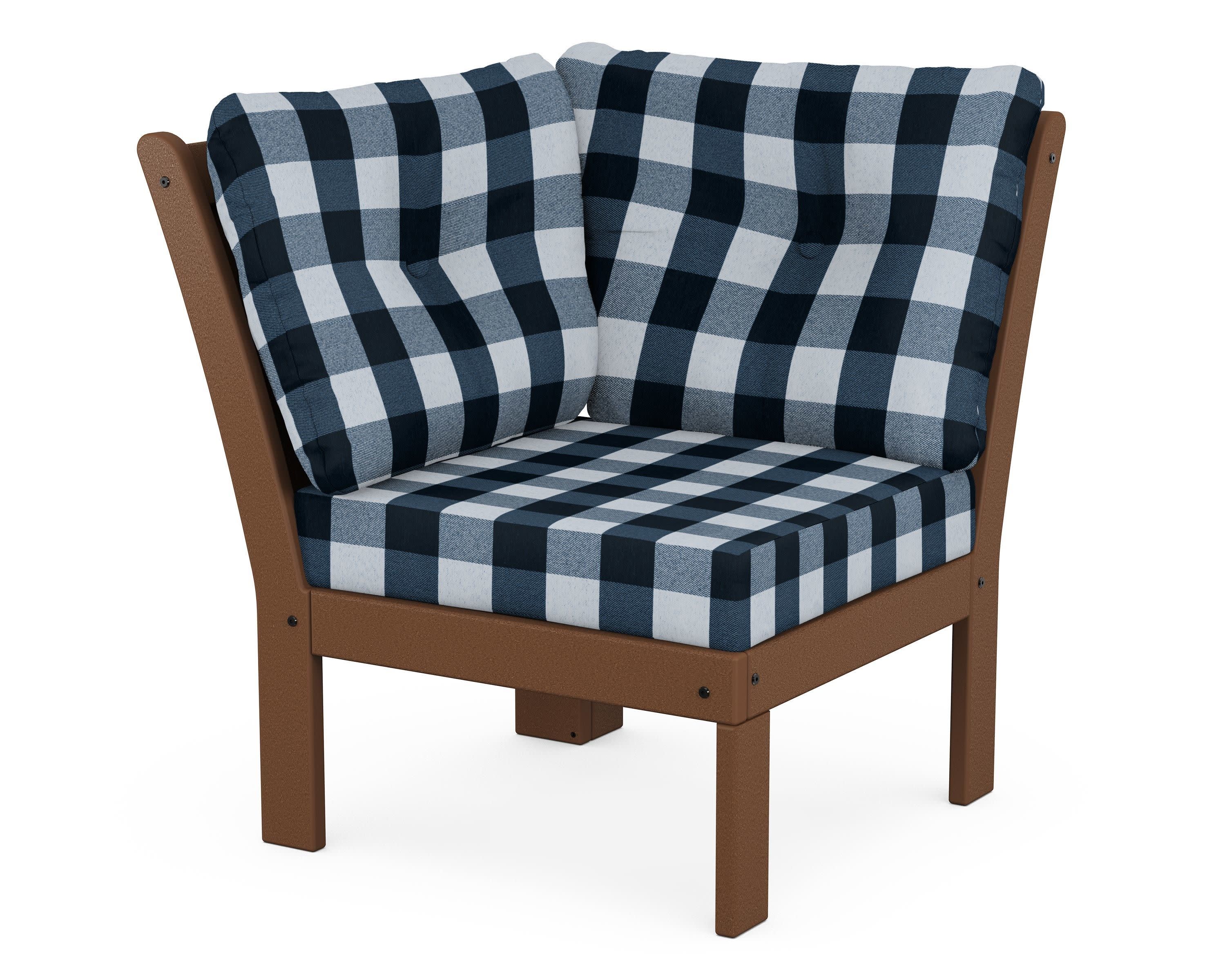 Vineyard Modular Corner Chair in Teak / Buffalo Plaid Marine Indigo