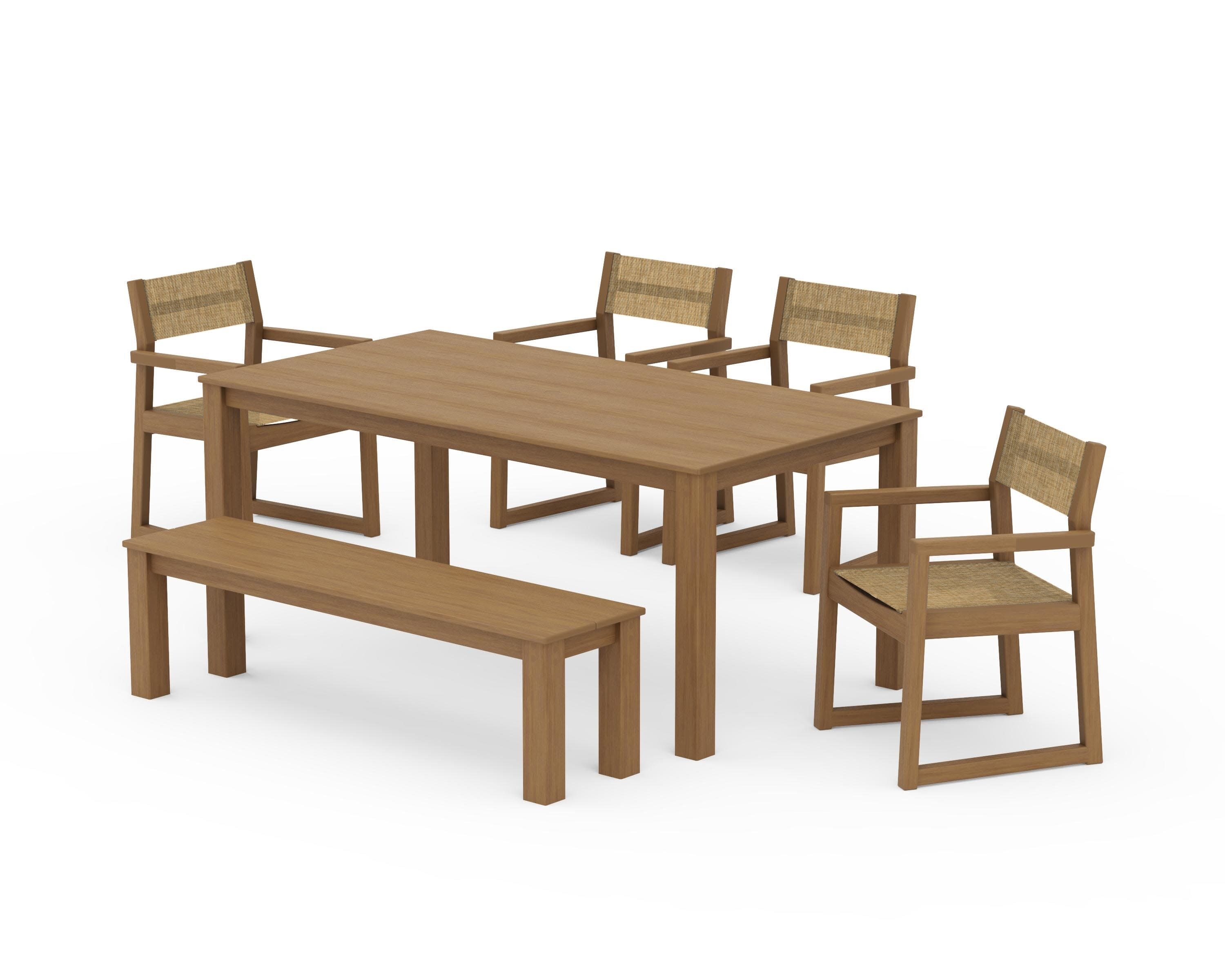 EDGE Sling Arm Chair 6-Piece Parsons Dining Set with Bench in Natural / Burlap Sling