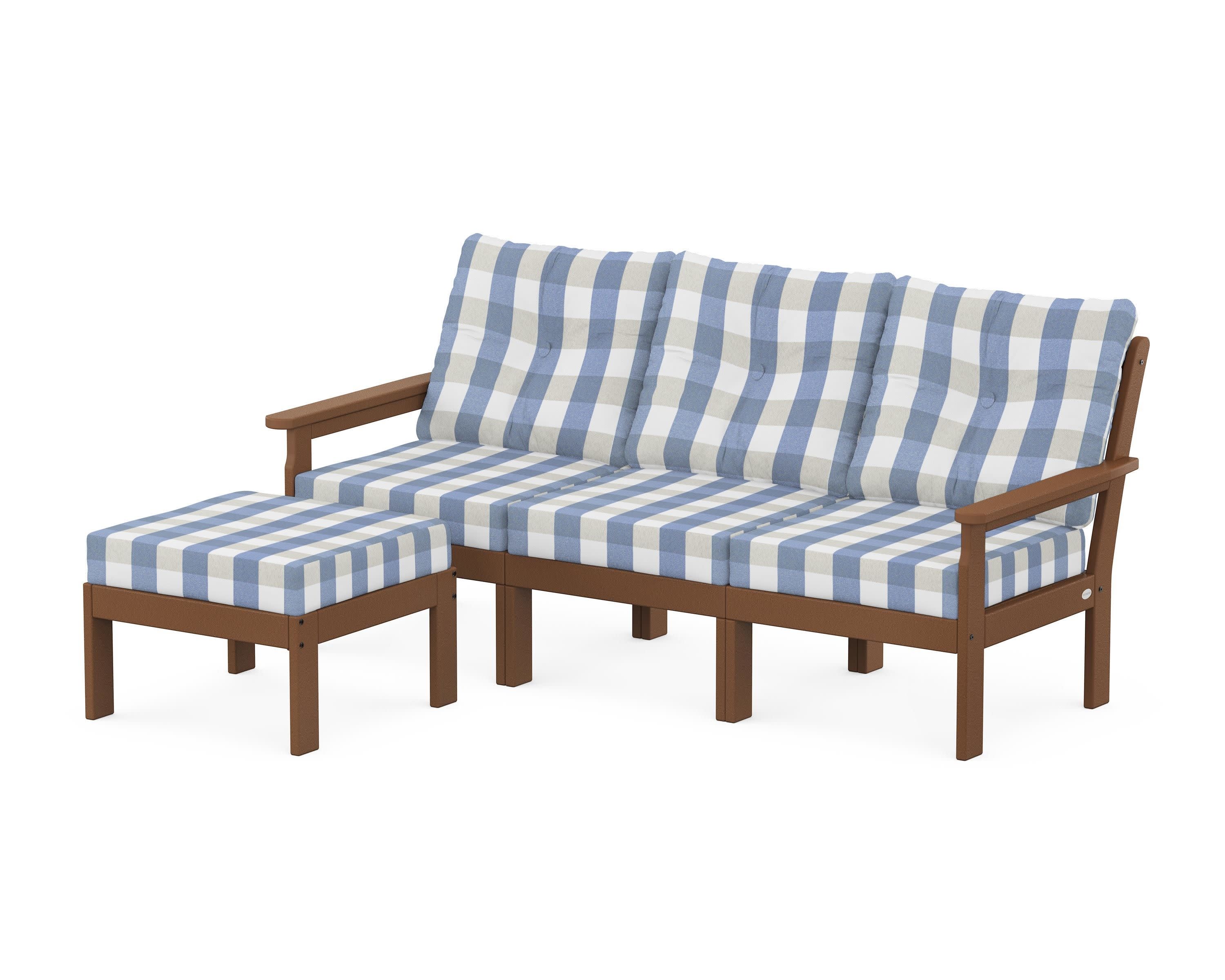 Vineyard 4-Piece Sectional with Ottoman in Teak / Buffalo Plaid Sky Blue