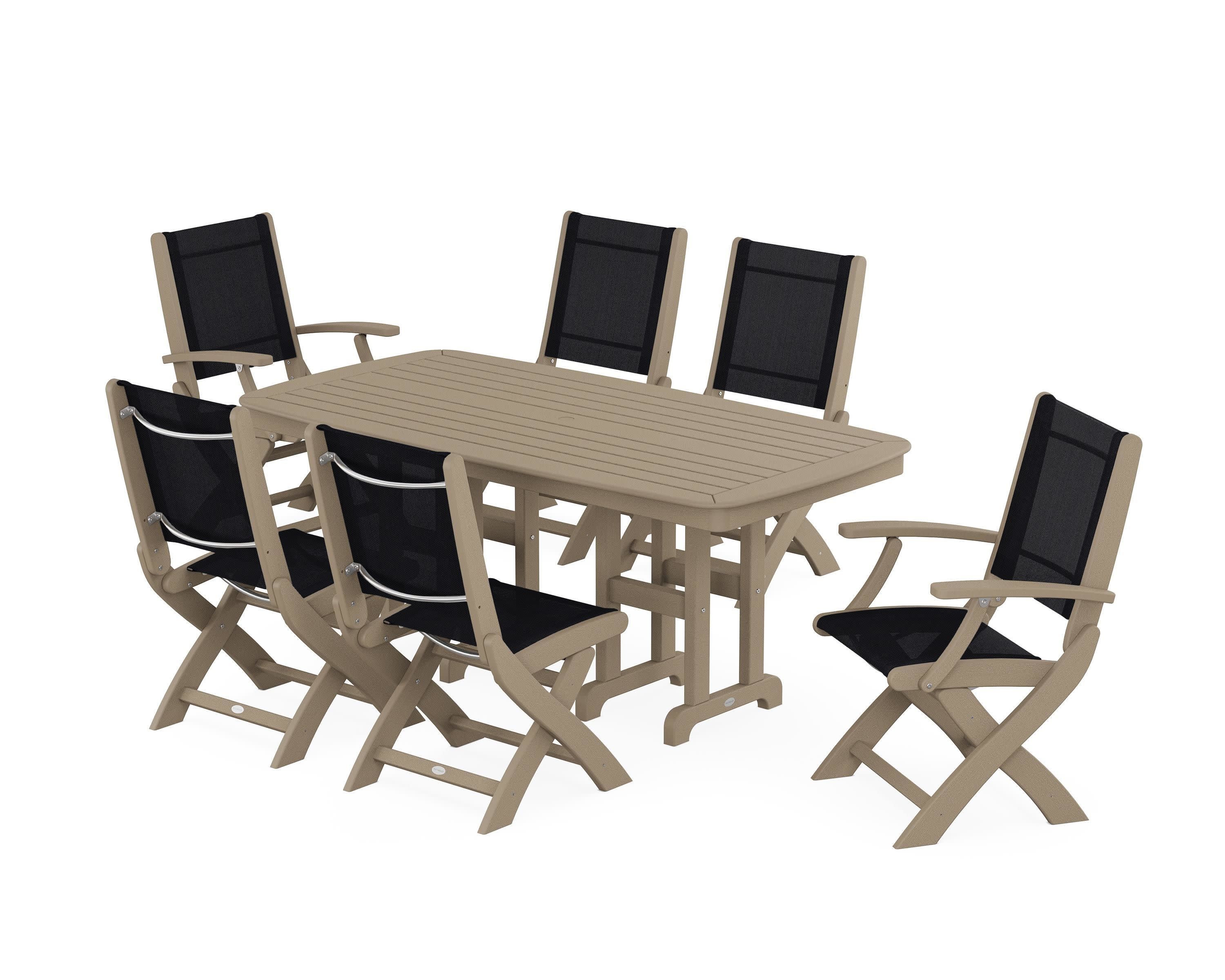 Coastal Folding Chair 7-Piece Dining Set in Vintage Sahara / Black Sling