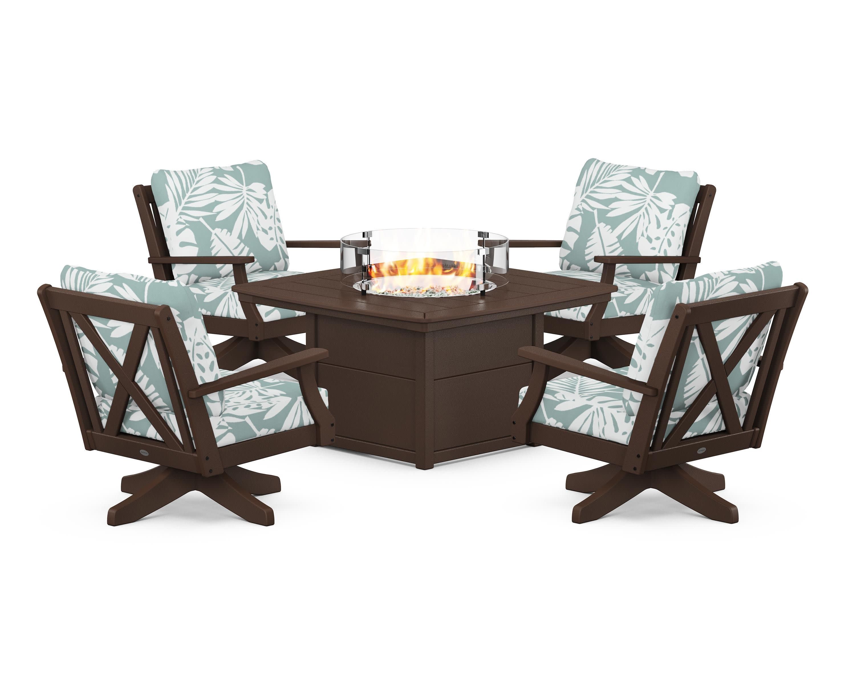 Braxton 5-Piece Deep Seating Swivel Conversation Set with Fire Pit Table in Mahogany / Leaf Glacier Spa