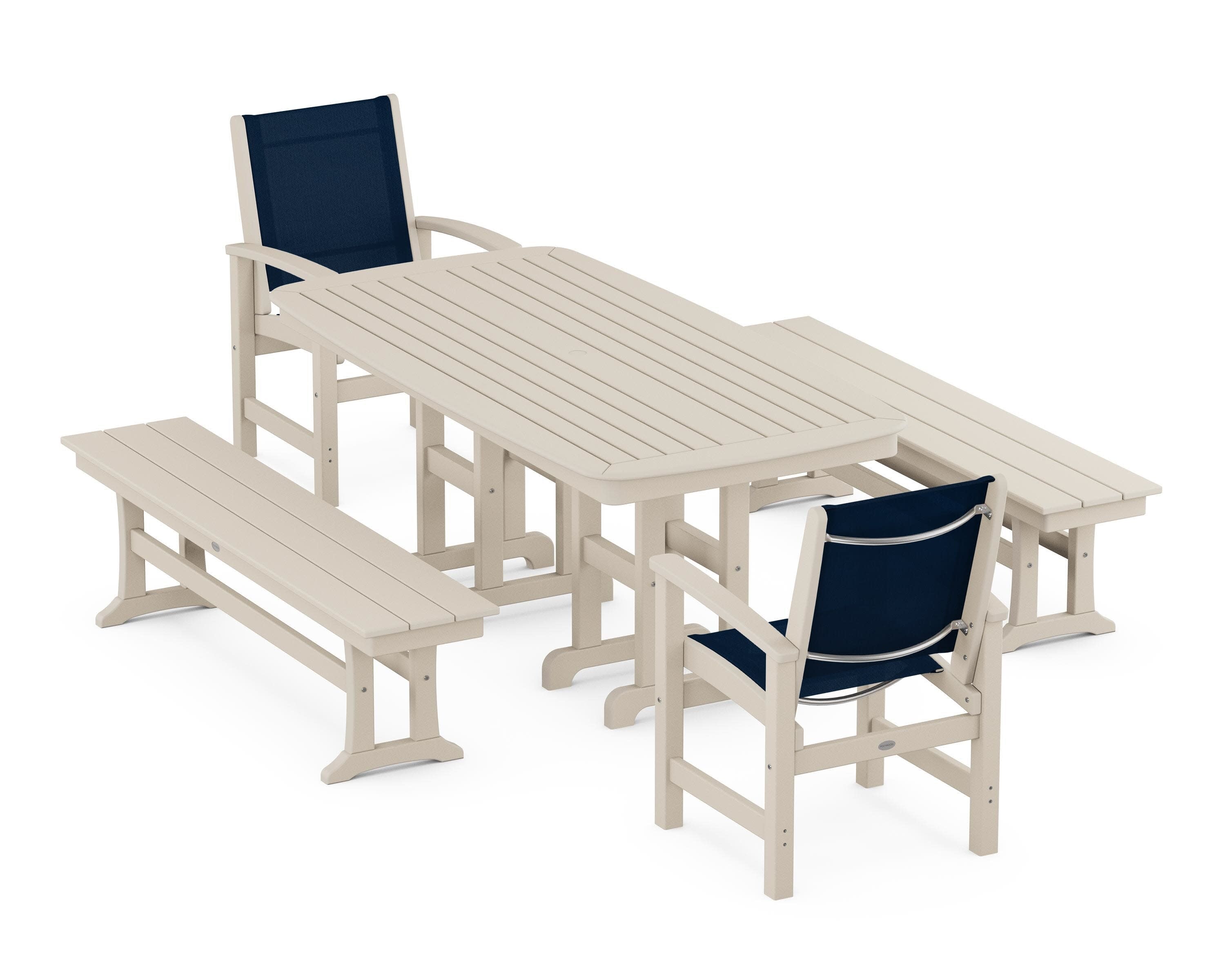 Coastal 5-Piece Dining Set in Sand / Navy Blue Sling