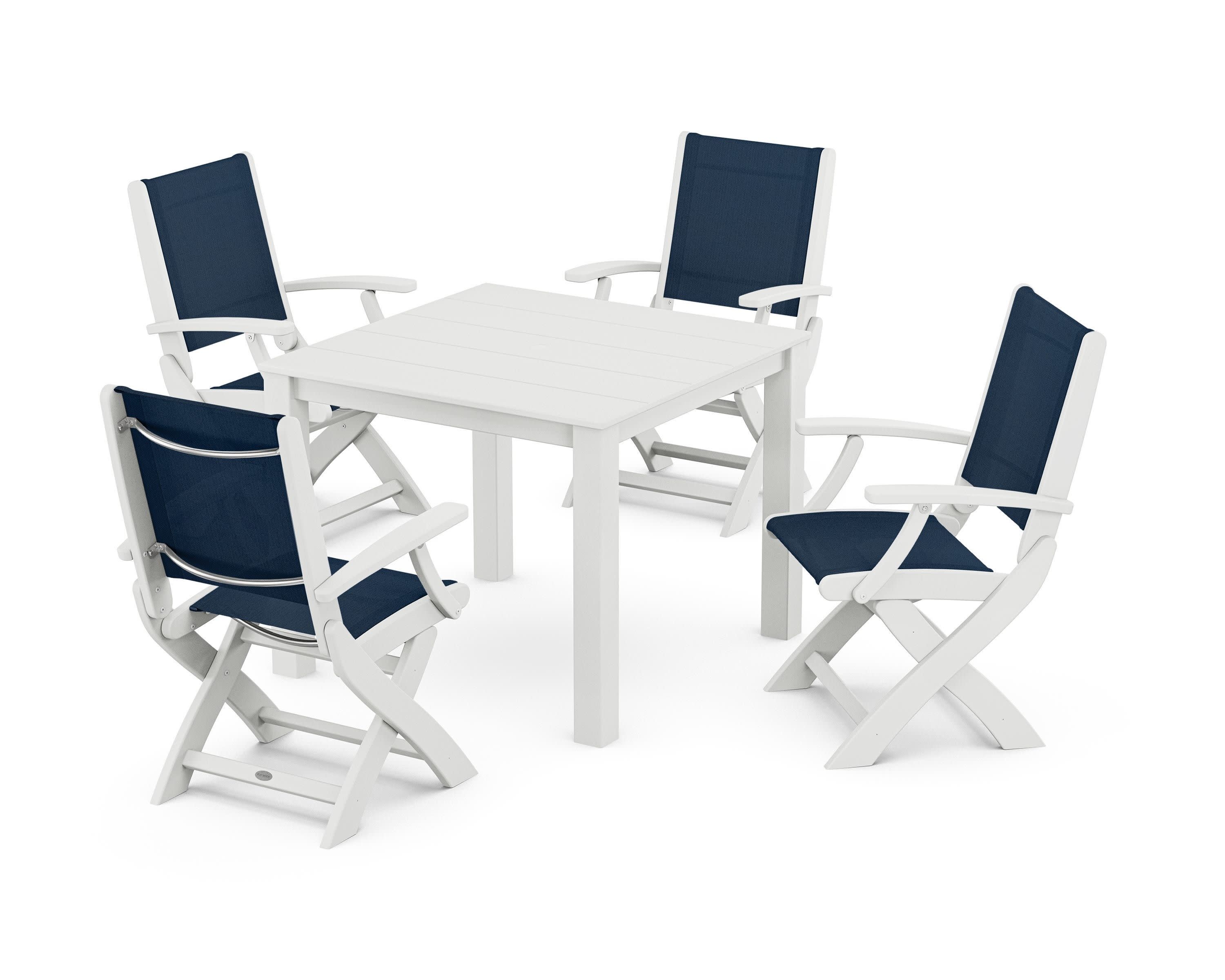 Coastal Folding Chair 5-Piece Parsons Dining Set in White / Navy Blue Sling