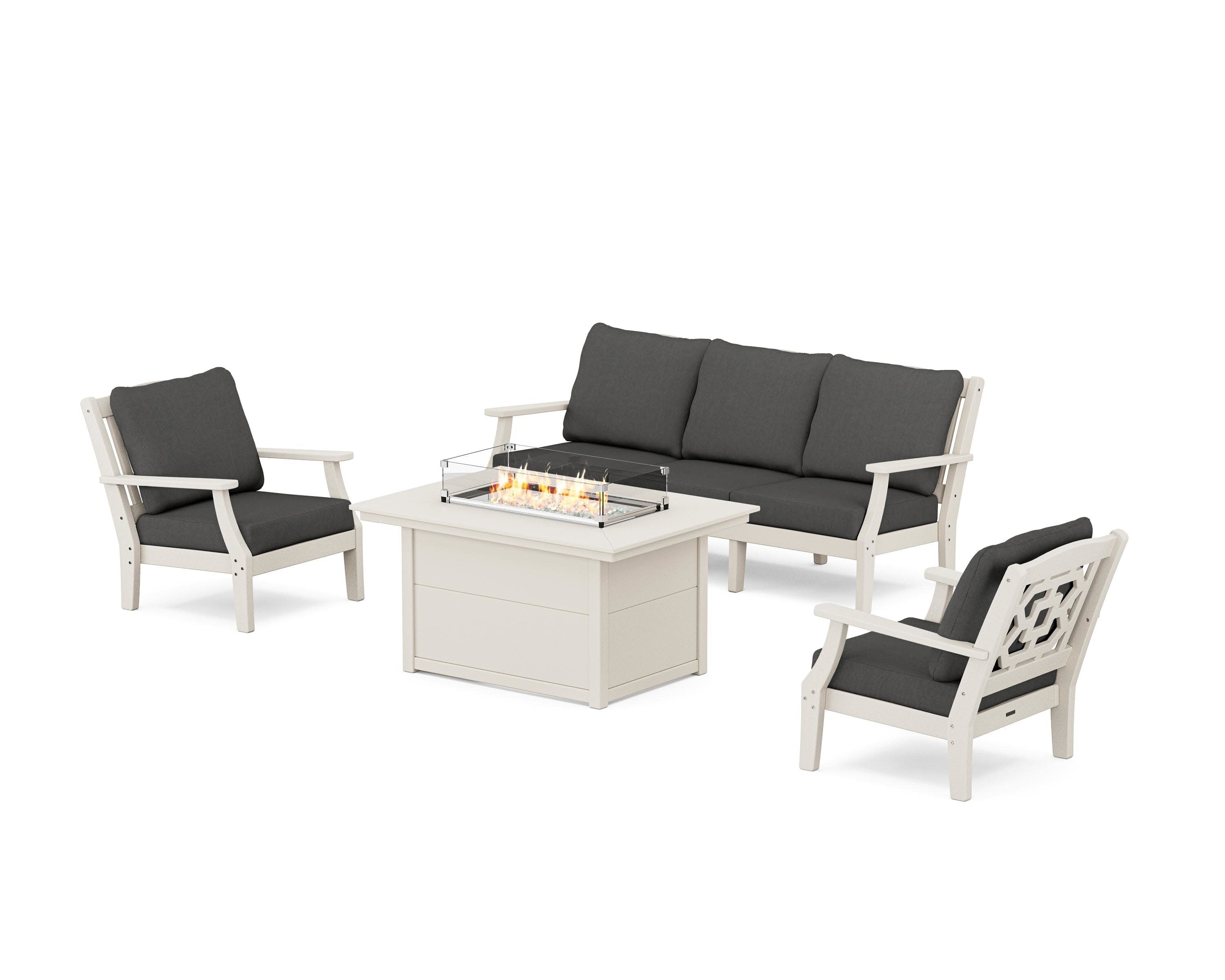 Chinoiserie Deep Seating Fire Pit Table Set in Sand / Spectrum Carbon