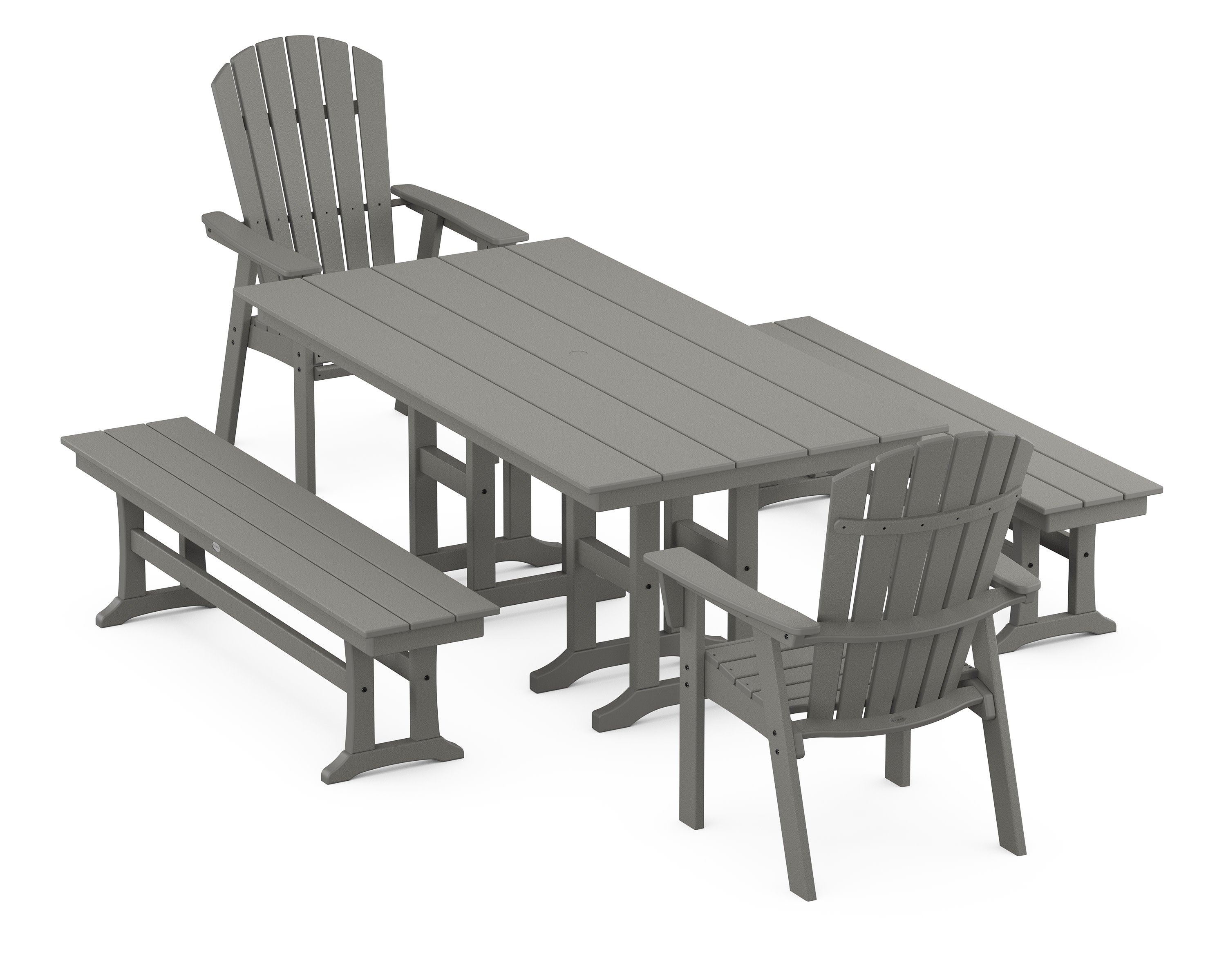Nautical Curveback Adirondack 5-Piece Farmhouse Dining Set with Benches in Slate Grey