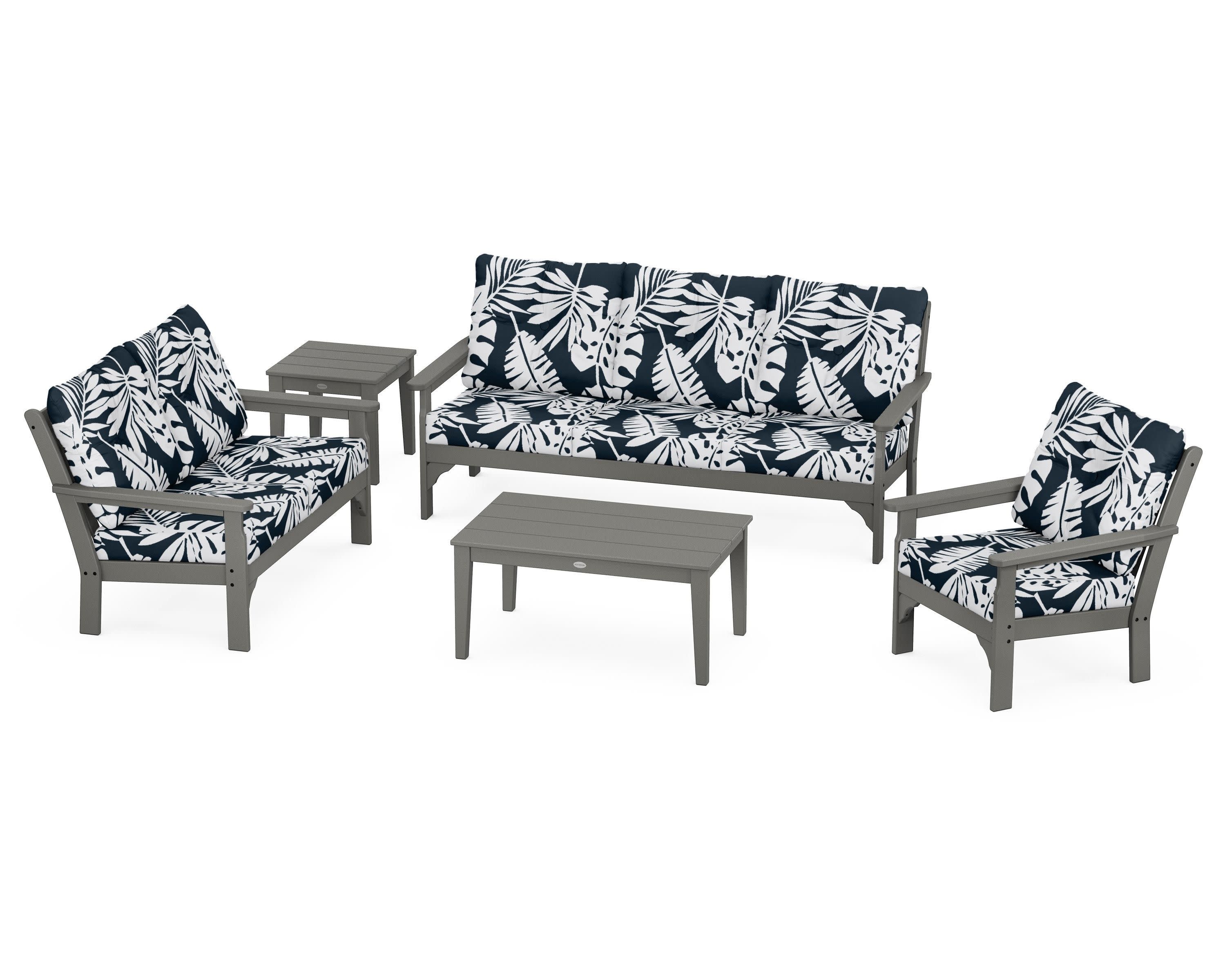 Vineyard 5 Piece Deep Seating Set in Slate Grey / Leaf Marine Indigo