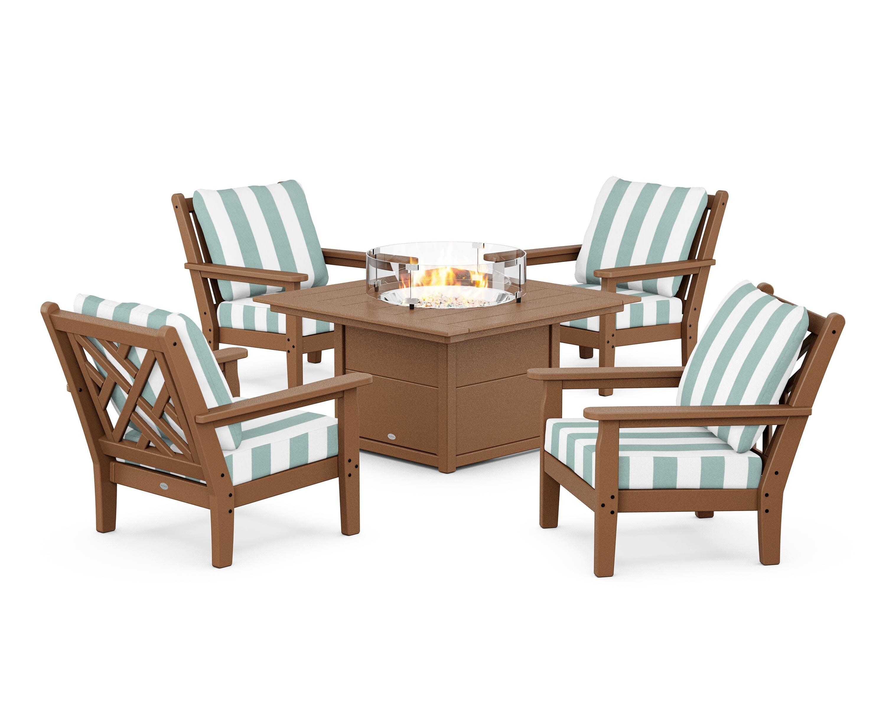 Chippendale 5-Piece Deep Seating Set with Fire Pit Table in Teak / Cabana Stripe Glacier Spa