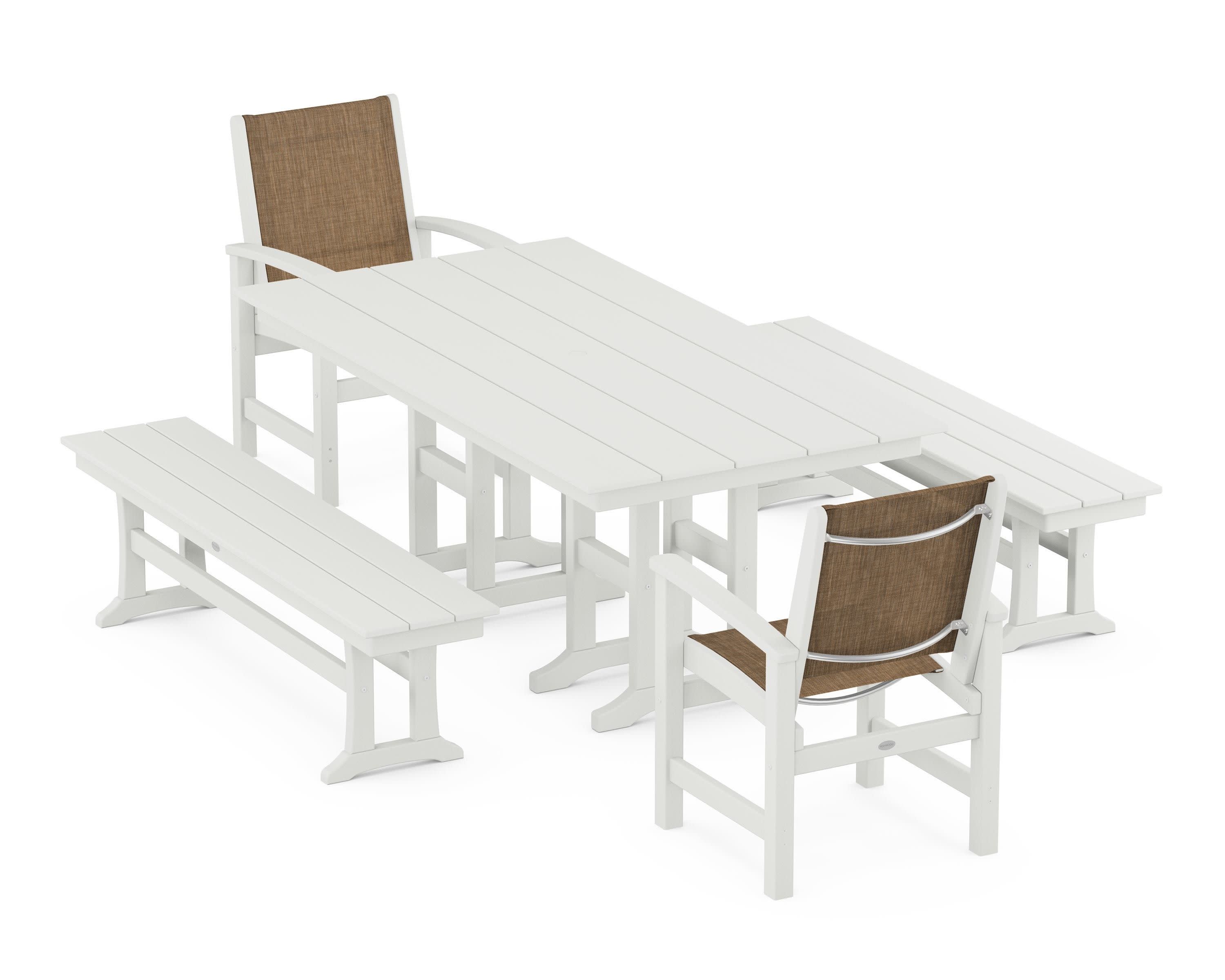 Coastal 5-Piece Farmhouse Dining Set in Vintage White / Burlap Sling