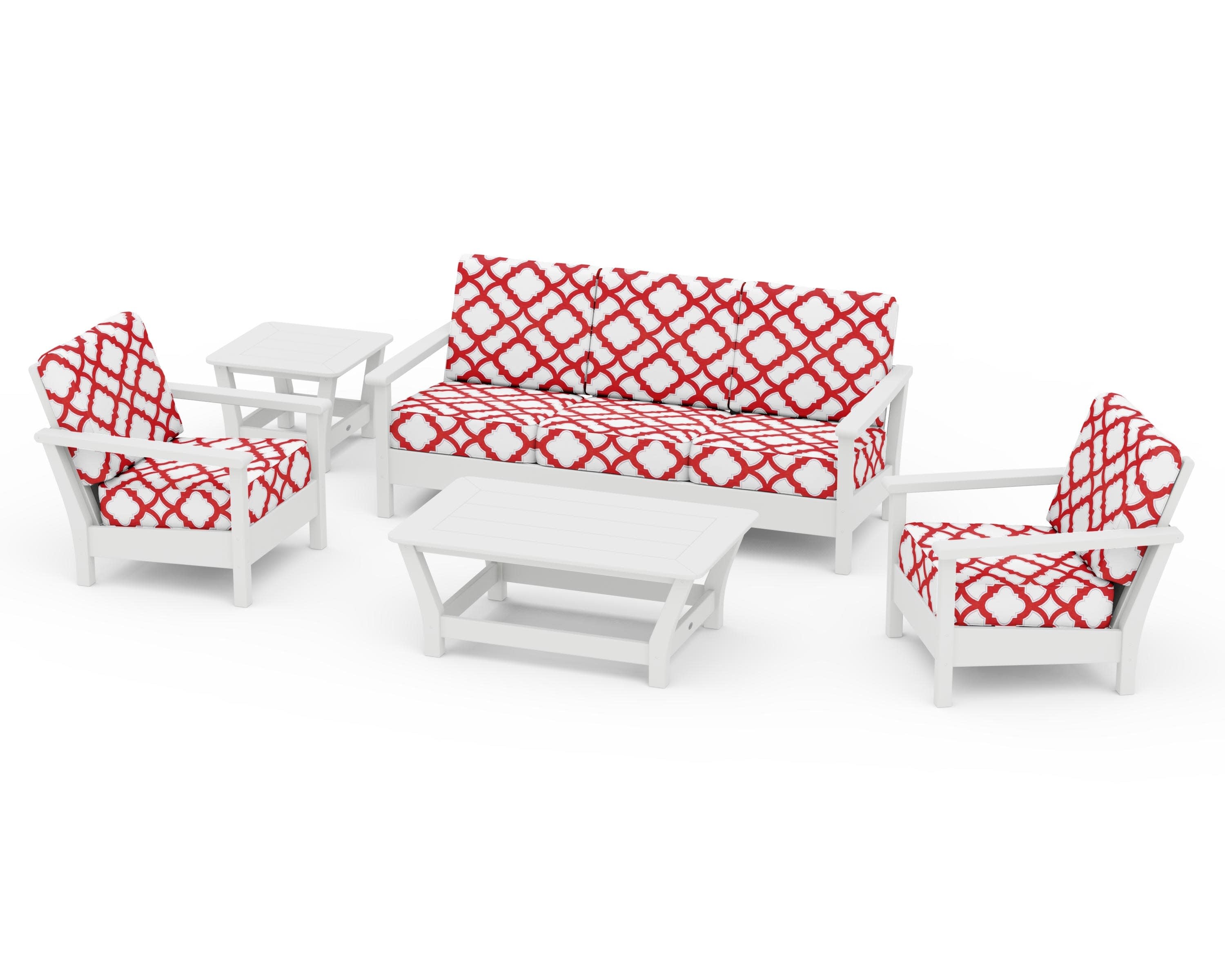 Harbour 5-Piece Deep Seating Set in White / Trellis Crimson