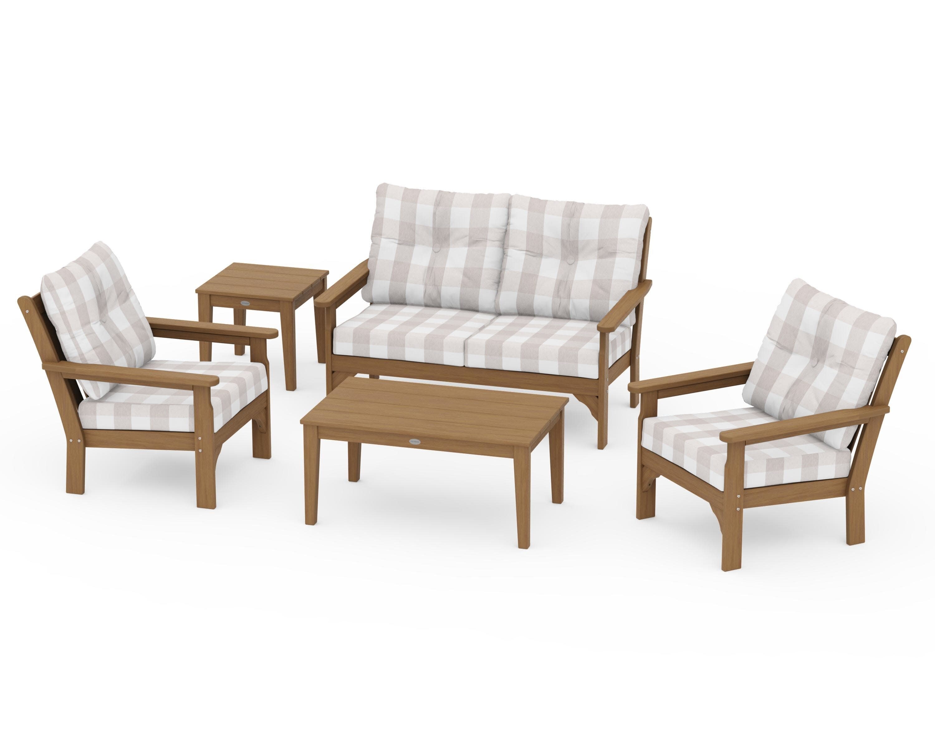 Vineyard 5-Piece Deep Seating Set in Natural / Buffalo Plaid Dune Burlap