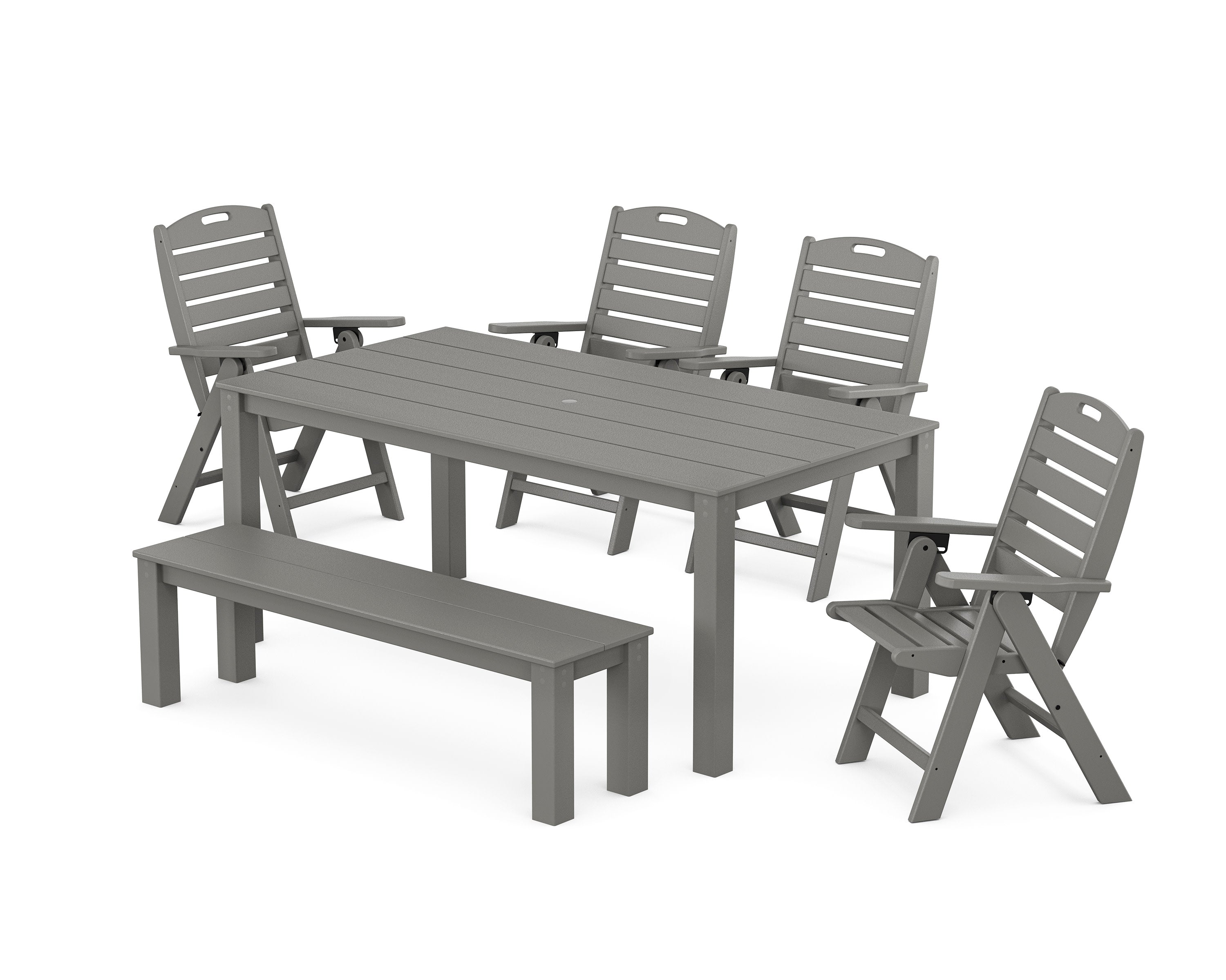 Nautical Folding Highback Chair 6-Piece Parsons Dining Set with Bench in Slate Grey