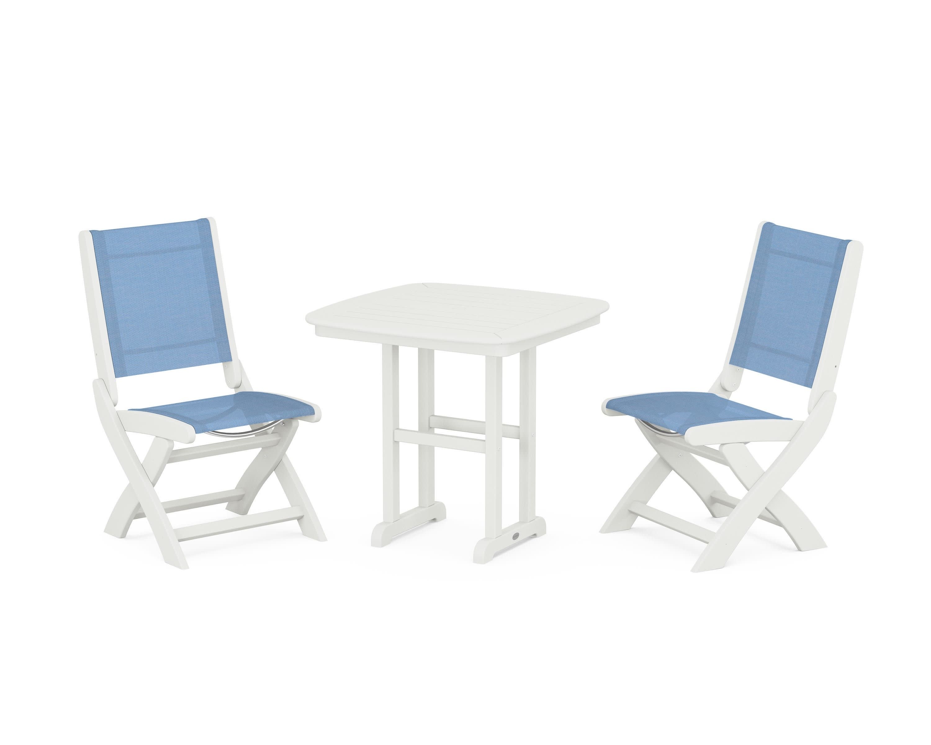 Coastal Folding Side Chair 3-Piece Dining Set in Vintage White / Poolside Sling